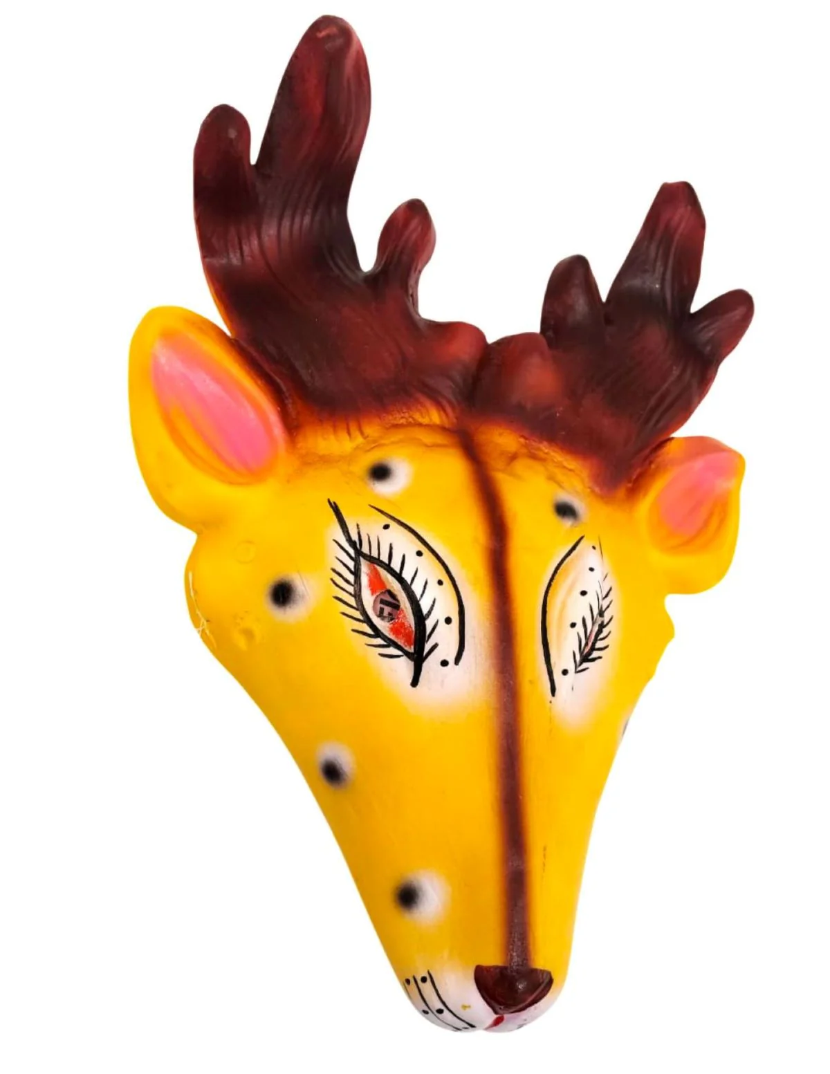 Mrig (Deer) Rubber Mask – Yellow & Brown Hand-Painted Folk Mask with Antlers | Ramayana Character for Festivals, Plays & Decor - Image 3