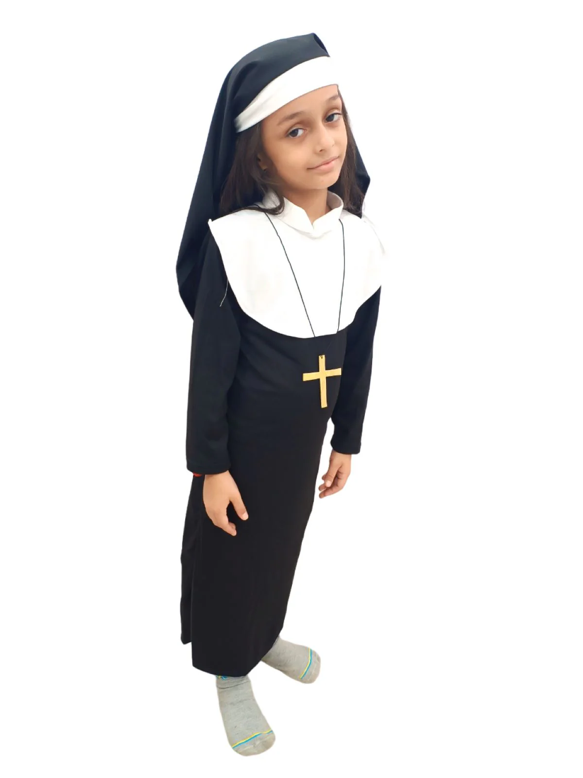 Nun Costume Religious Catholic Sister Halloween Costume Black and White Nun Dress with Collar Hood Church Cross Necklace for Girls Kids - Image 2