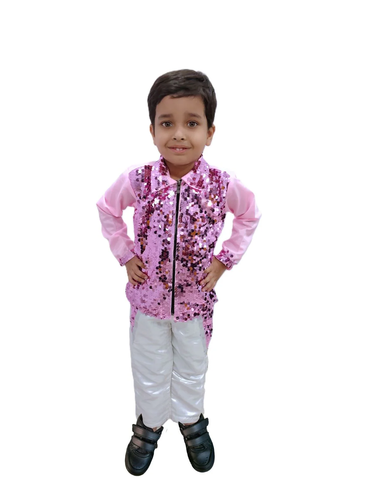 Pink Sequin Shirt & White Shiny Pants Western Dance Costume for Boys | Full Sleeve Party Wear Outfit | Theme Annual Day & Fancy Dress Outfit