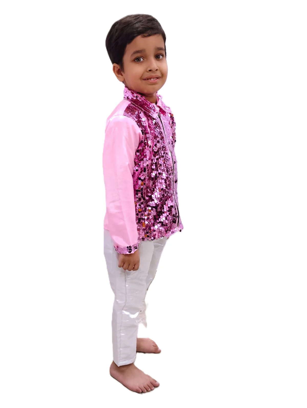 Pink Sequin Shirt & White Shiny Pants Western Dance Costume for Boys | Full Sleeve Party Wear Outfit | Theme Annual Day & Fancy Dress Outfit - Image 2