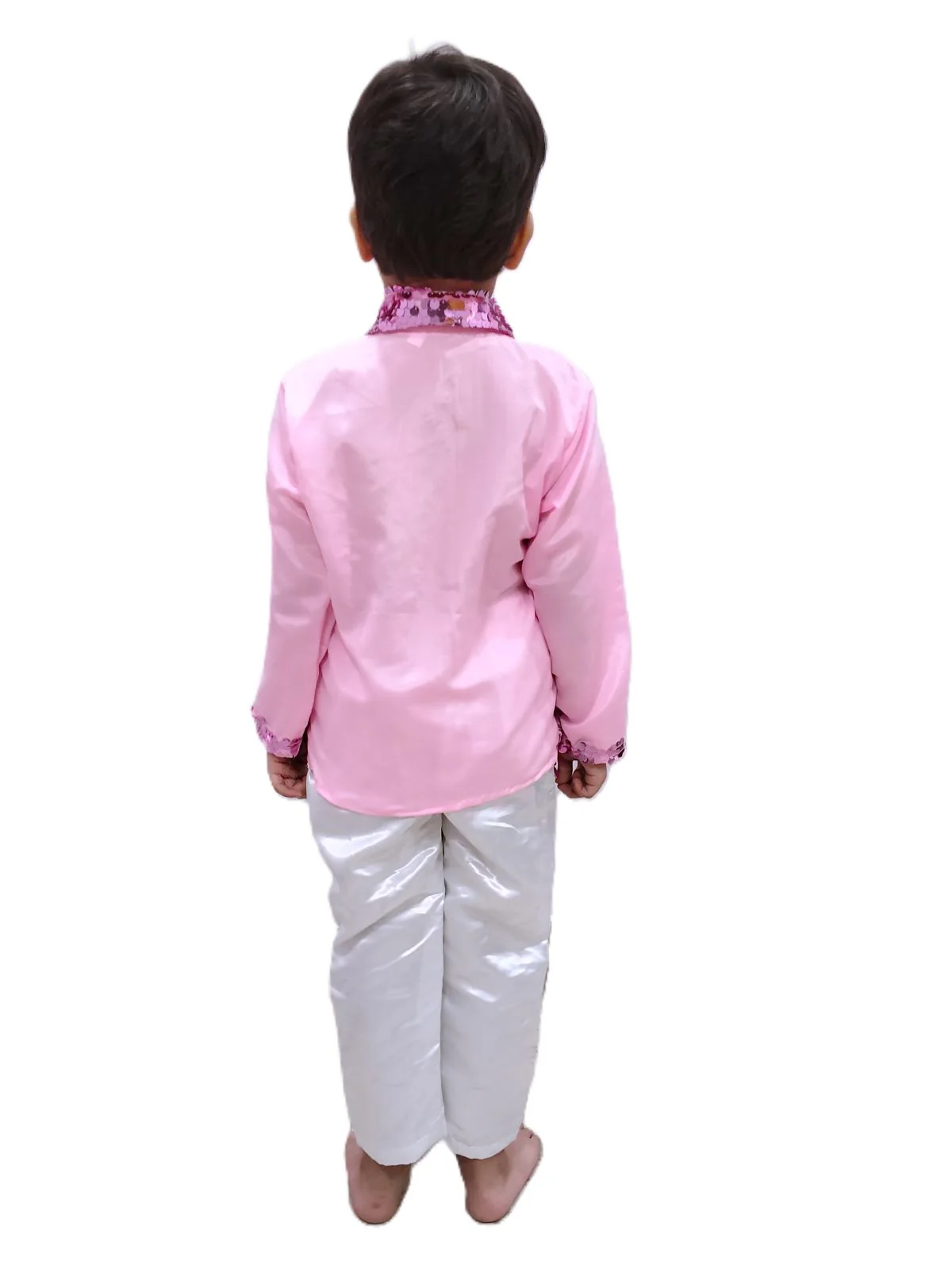 Pink Sequin Shirt & White Shiny Pants Western Dance Costume for Boys | Full Sleeve Party Wear Outfit | Theme Annual Day & Fancy Dress Outfit - Image 3