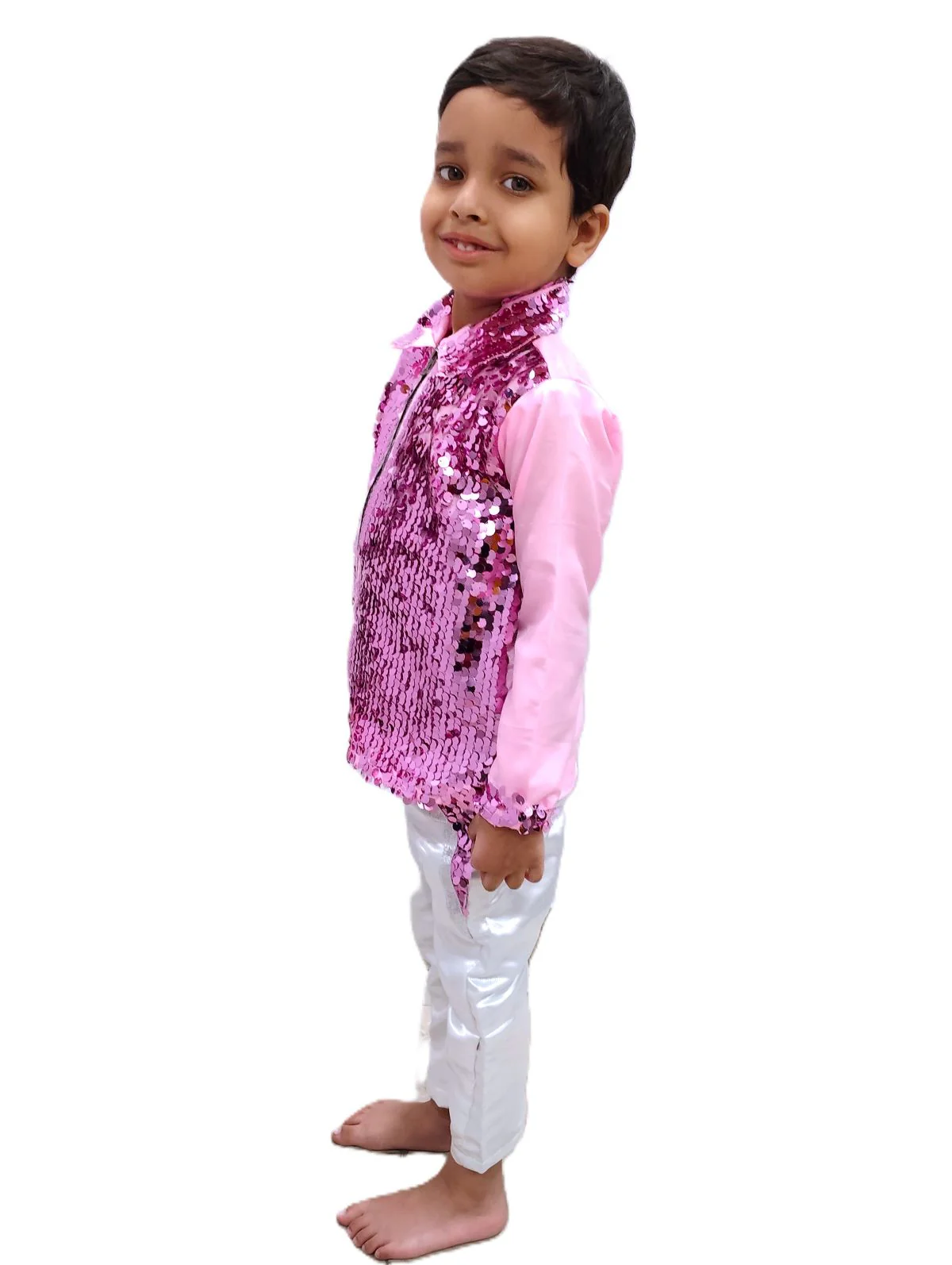 Pink Sequin Shirt & White Shiny Pants Western Dance Costume for Boys | Full Sleeve Party Wear Outfit | Theme Annual Day & Fancy Dress Outfit - Image 4