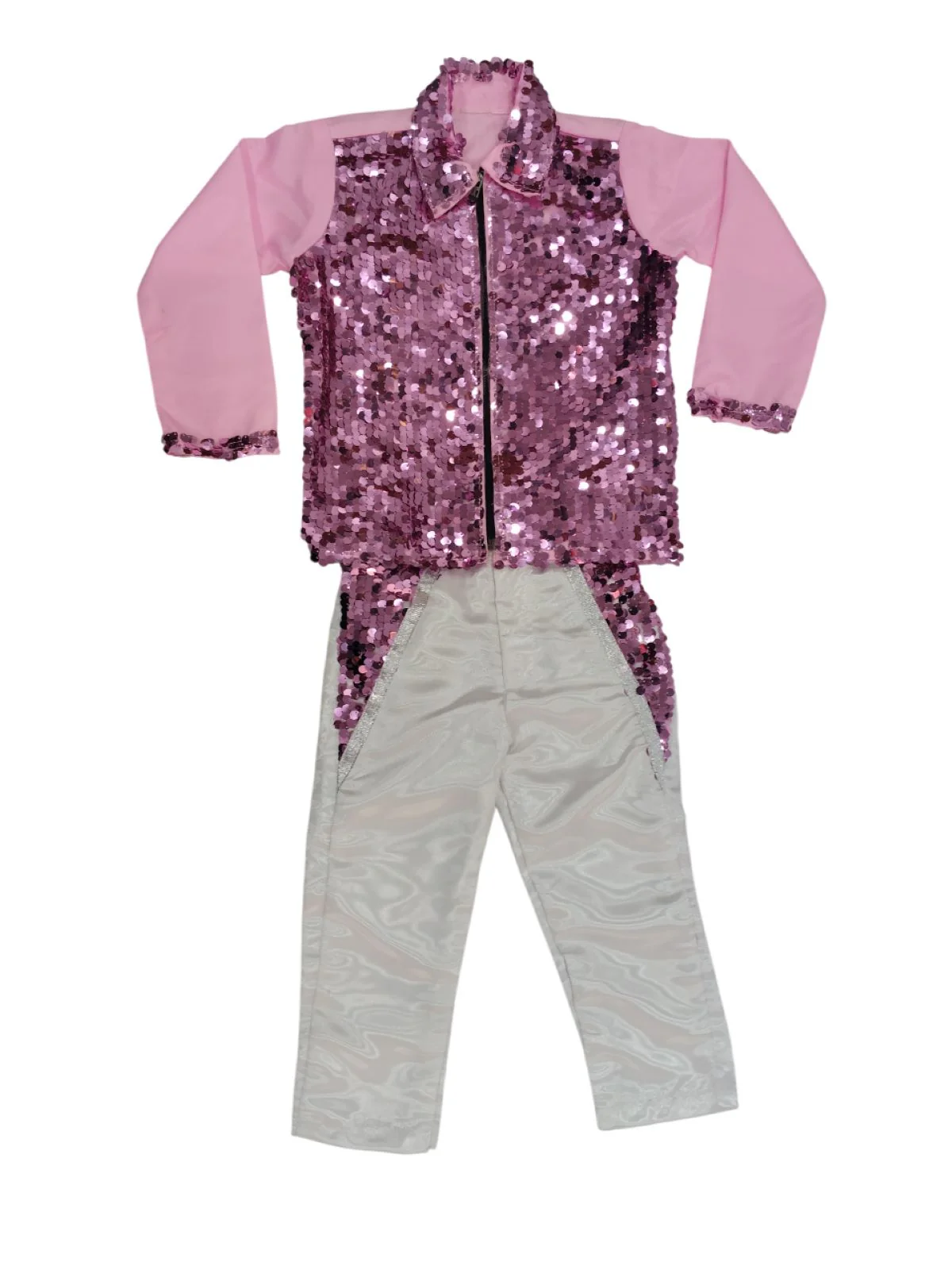 Pink Sequin Shirt & White Shiny Pants Western Dance Costume for Boys | Full Sleeve Party Wear Outfit | Theme Annual Day & Fancy Dress Outfit - Image 7