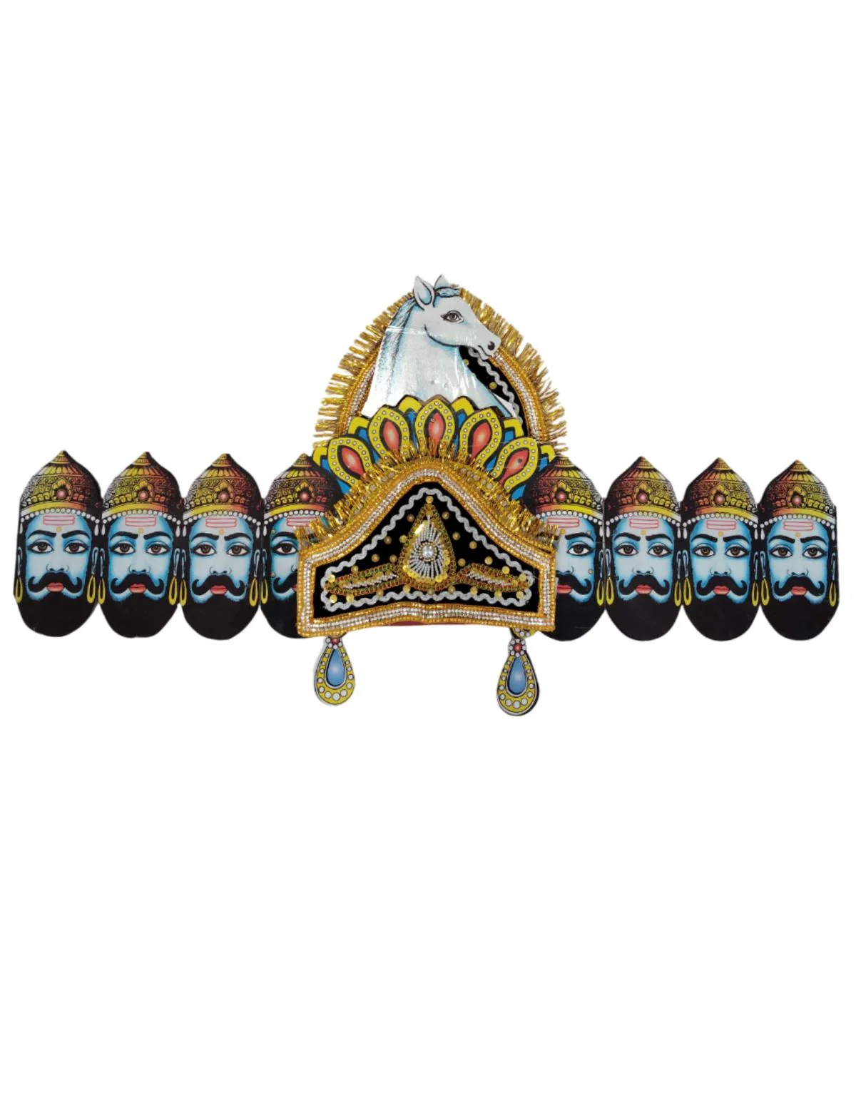 Ravan Crown with Detachable Face Extension 10 Head Set – Plywood Ramleela Mukut Costume for Dussehra & Fancy Dress Accessory For Adults