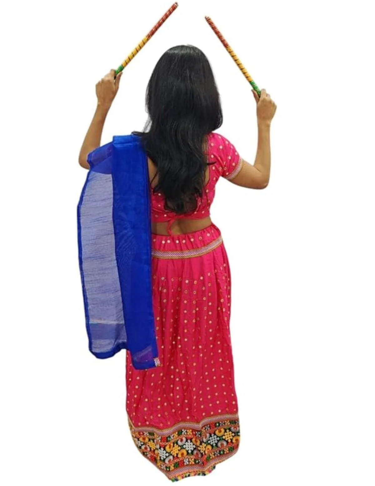 Readymade Pink Ethnic Cotton Garba Lehenga for Kids & Adults | Lehenga Choli Set with Dupatta & a Pair of Dandiya Sticks | Traditional Navratri Outfit for Garba Nights & Festivals - Image 3