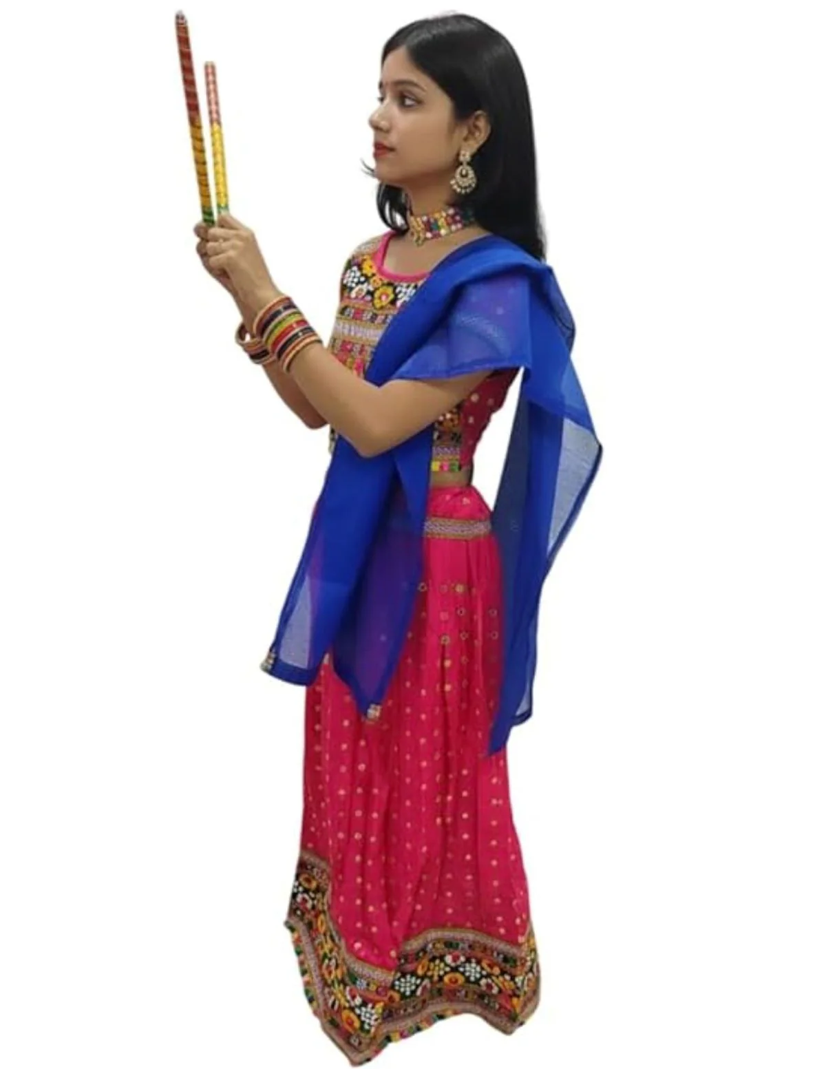 Readymade Pink Ethnic Cotton Garba Lehenga for Kids & Adults | Lehenga Choli Set with Dupatta & a Pair of Dandiya Sticks | Traditional Navratri Outfit for Garba Nights & Festivals - Image 4