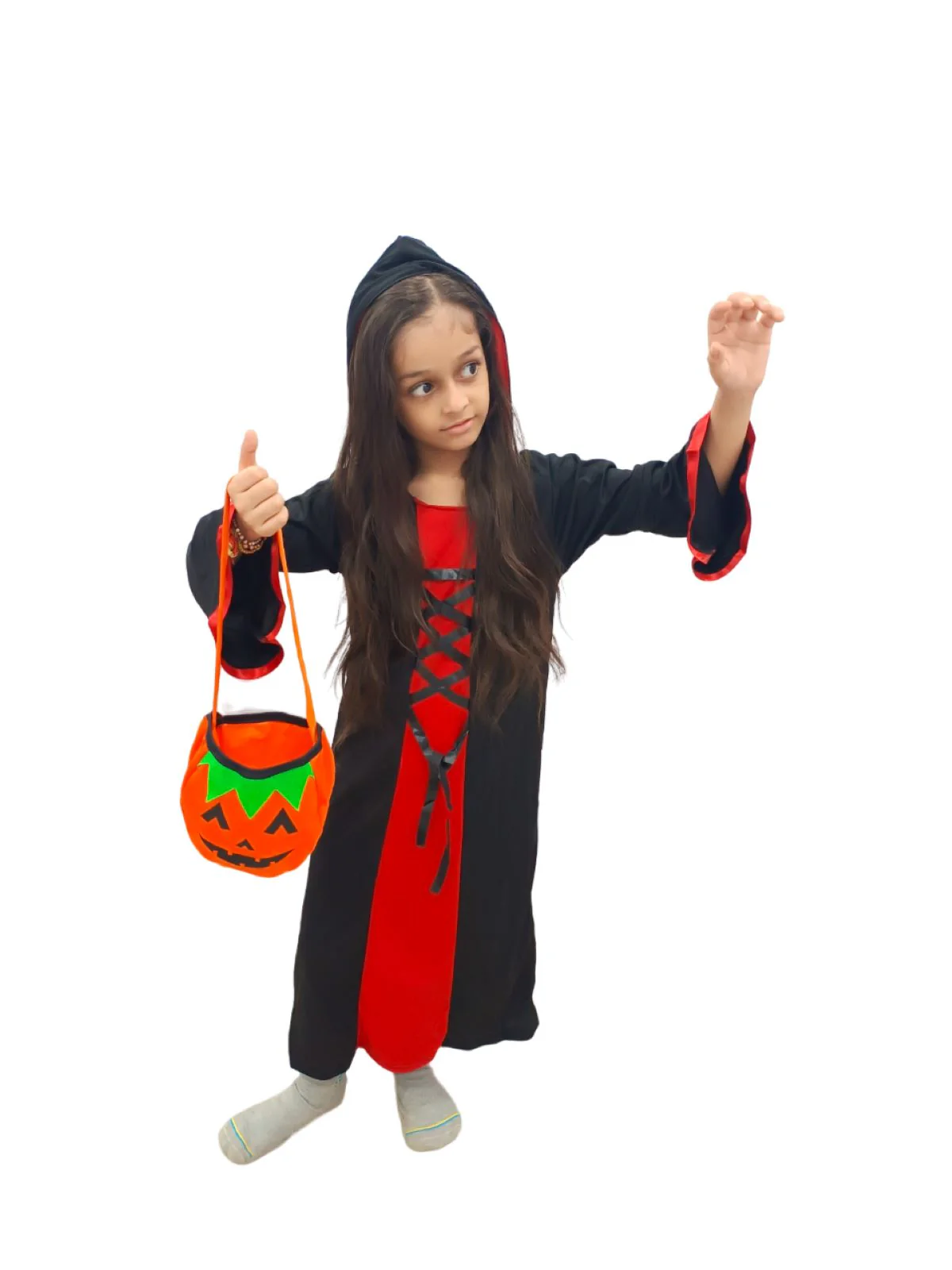 Red and Black Halloween Costume for Girls | Witch Costume for Girls Gown with Scary Attached Hood and Pumpkin Basket Combo