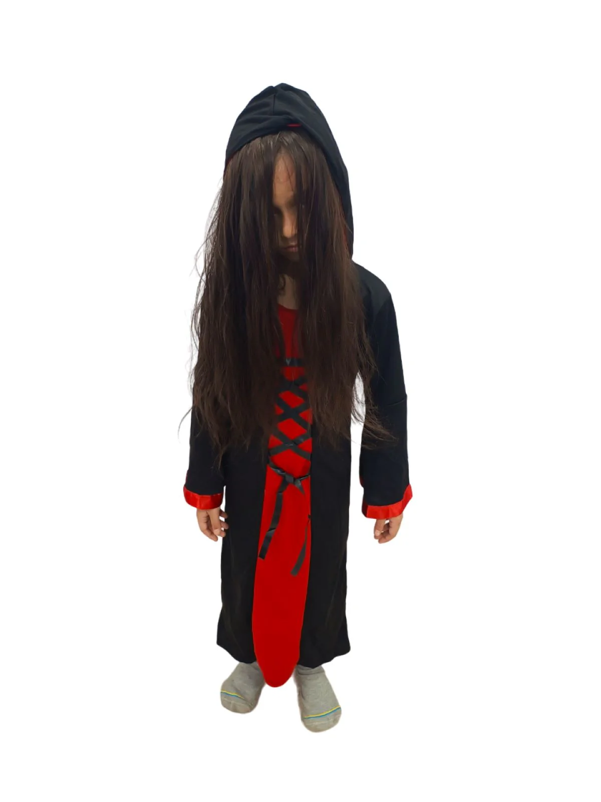 Red and Black Halloween Costume for Girls | Witch Costume for Girls Gown with Scary Attached Hood and Pumpkin Basket Combo - Image 5