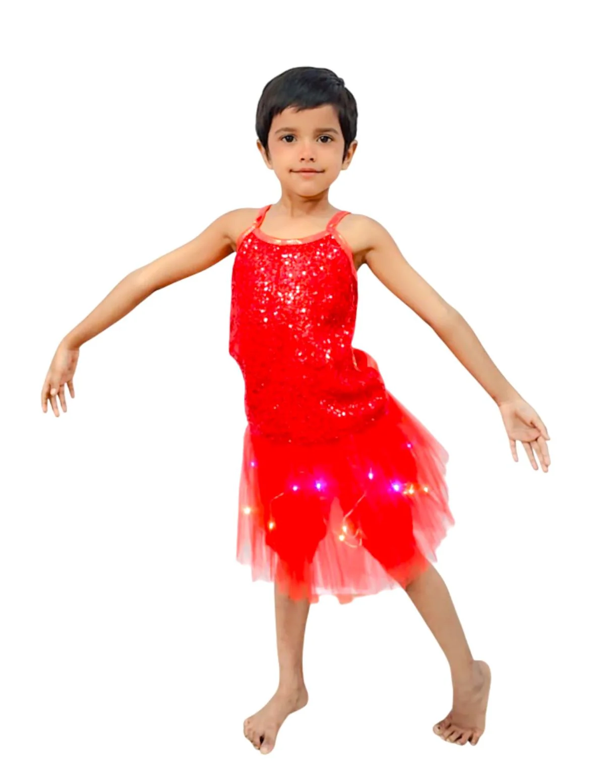 Red LED Light Skirt with Matching Sequin Top for Girls (4–7 Years) – Multicolor Light-Up Tutu Dress Set with Built-in Battery | Fancy Dress & Dance Costume