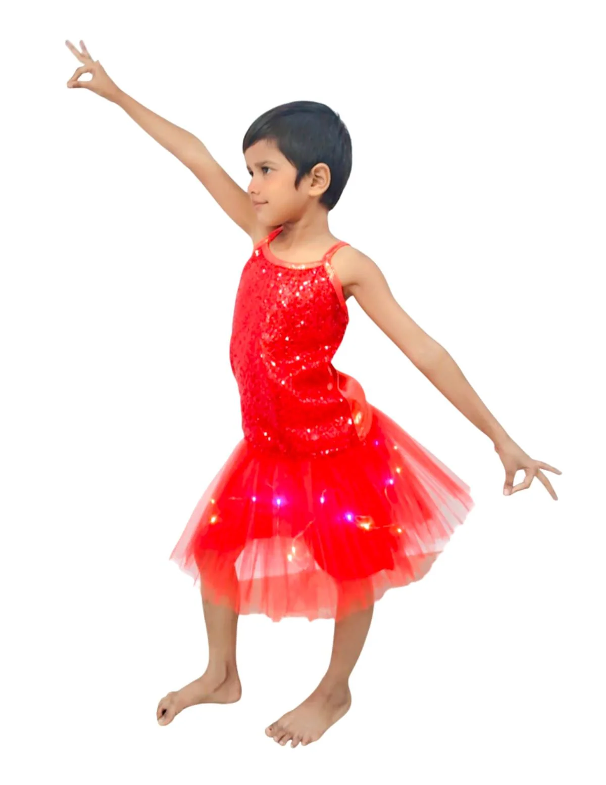 Red LED Light Skirt with Matching Sequin Top for Girls (4–7 Years) – Multicolor Light-Up Tutu Dress Set with Built-in Battery | Fancy Dress & Dance Costume - Image 3