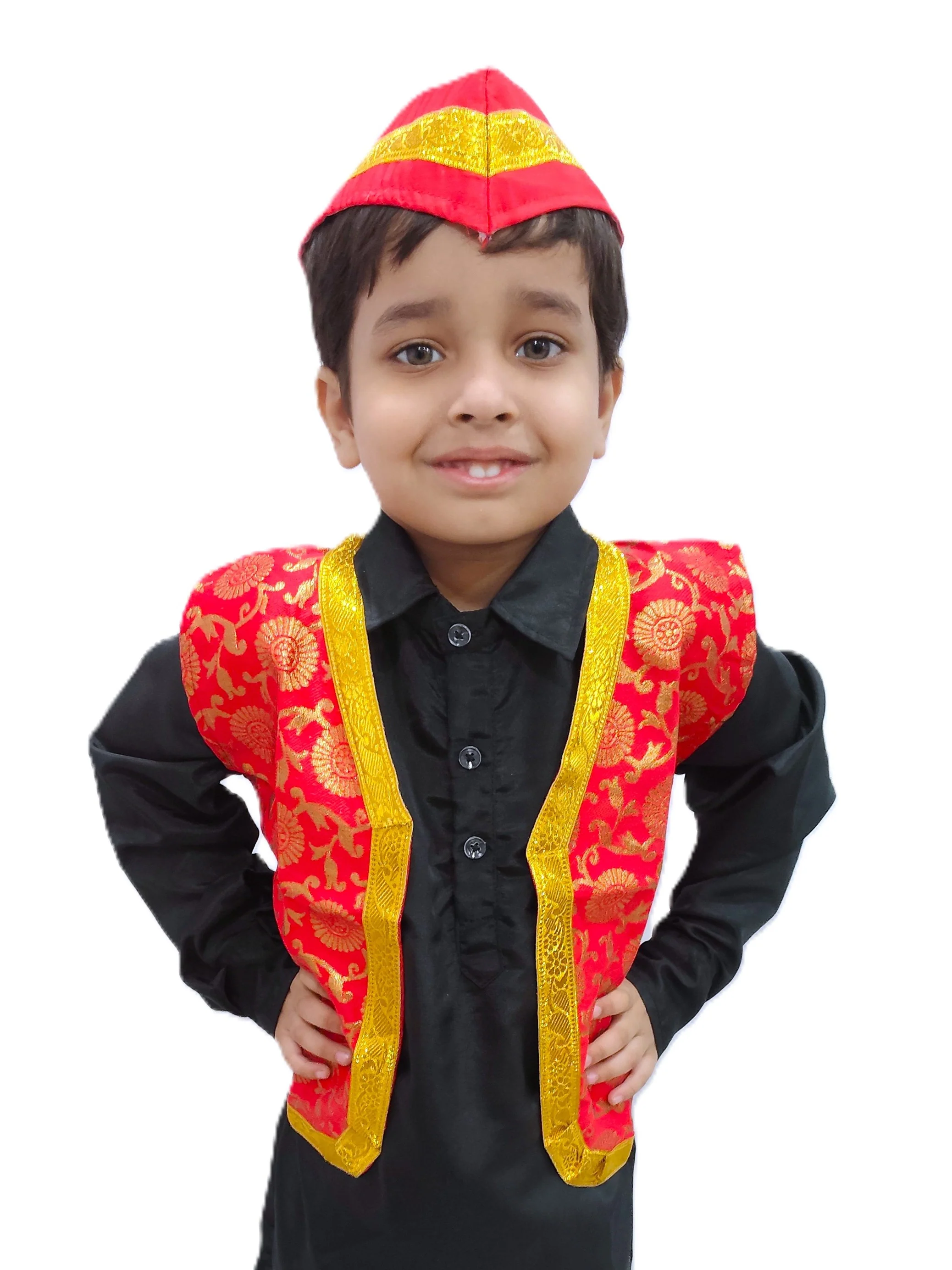 Red Qawwali Jacket & Cap Combo for Kids | Red Embroidered Ethnic Fancy Dress Costume | Sufi Singer Kurta Style Waistcoat & Head Cap for Theme Parties & Stage Shows
