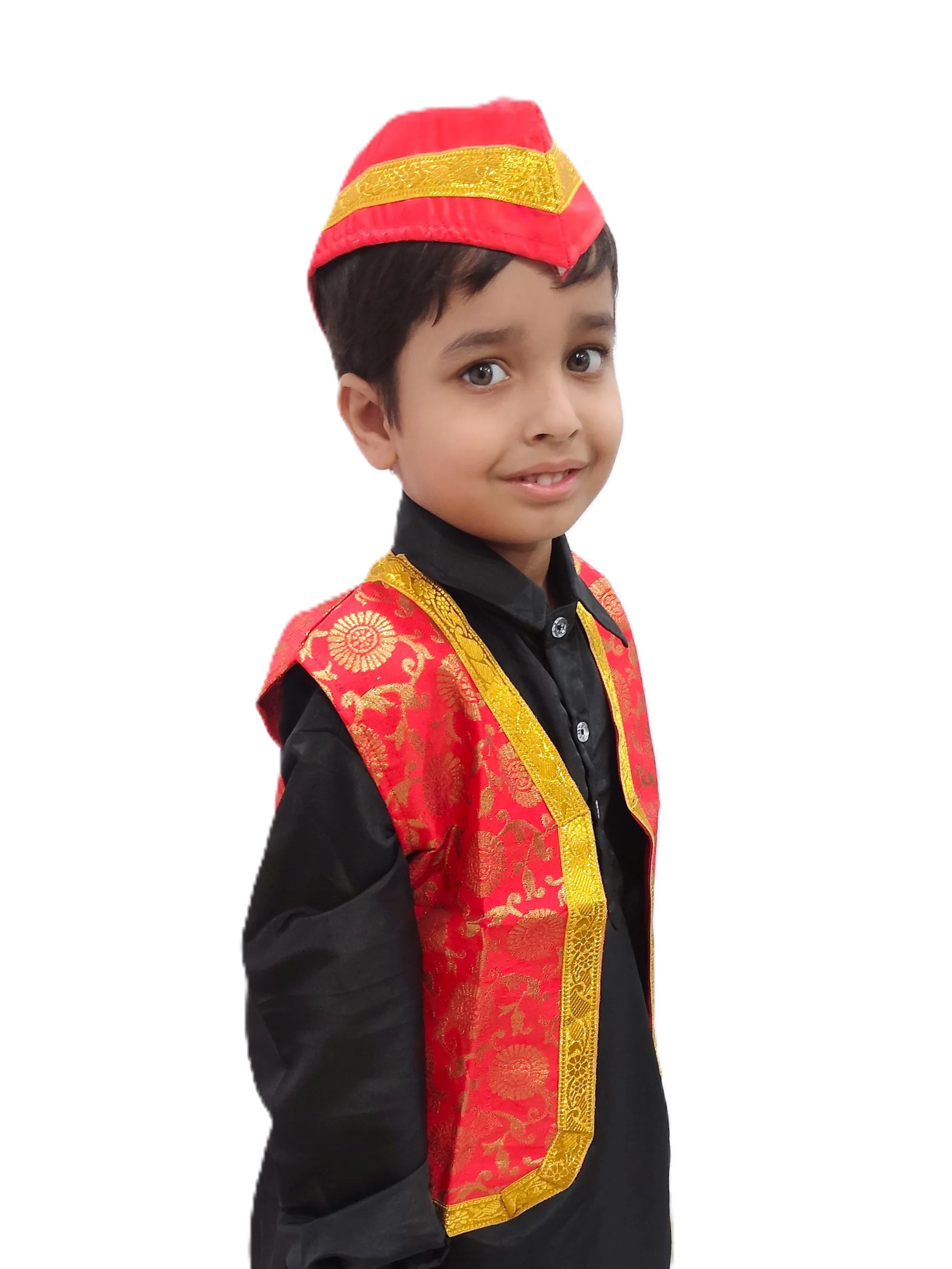 Red Qawwali Jacket & Cap Combo for Kids | Red Embroidered Ethnic Fancy Dress Costume | Sufi Singer Kurta Style Waistcoat & Head Cap for Theme Parties & Stage Shows - Image 2