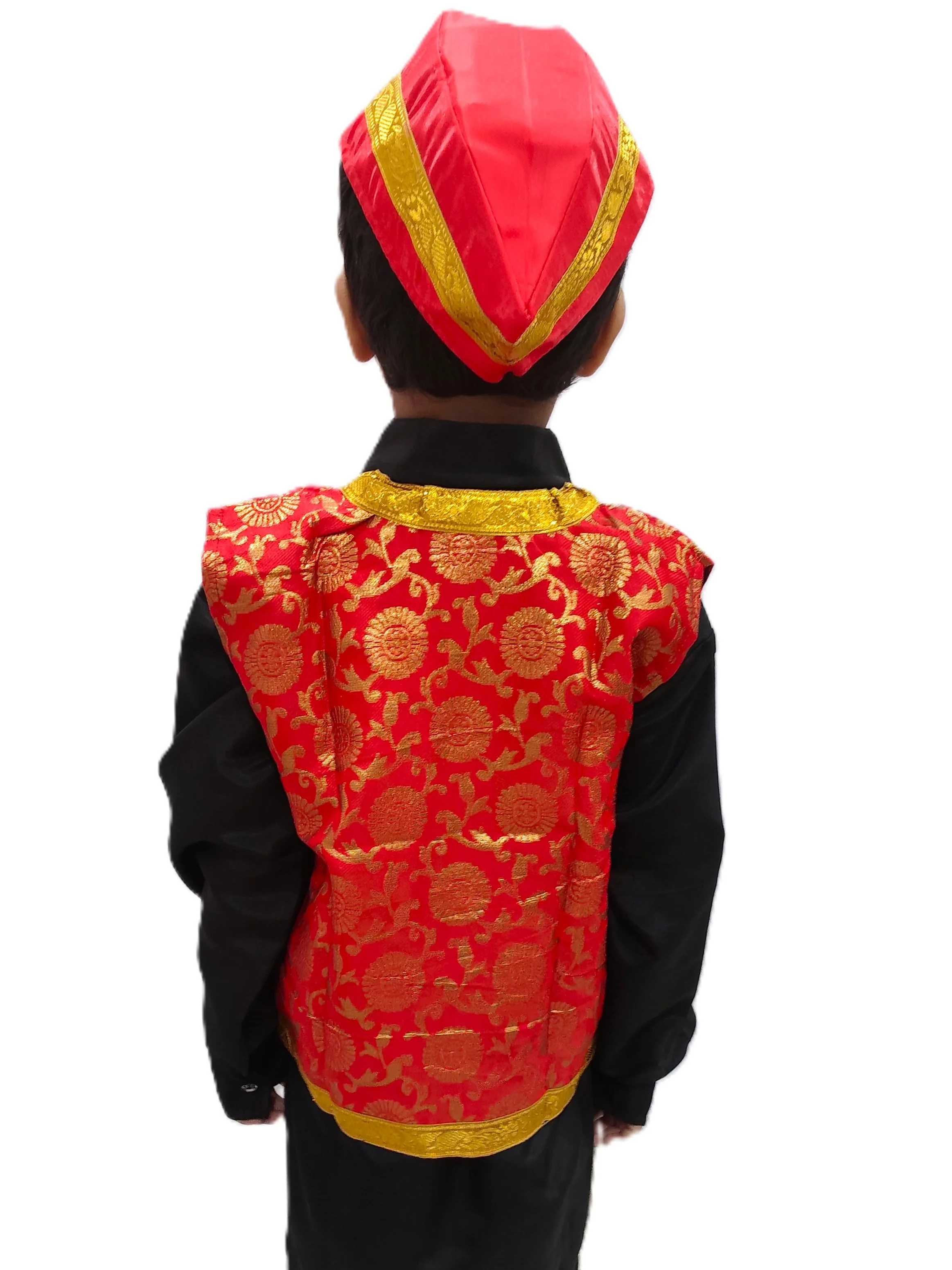 Red Qawwali Jacket & Cap Combo for Kids | Red Embroidered Ethnic Fancy Dress Costume | Sufi Singer Kurta Style Waistcoat & Head Cap for Theme Parties & Stage Shows - Image 3