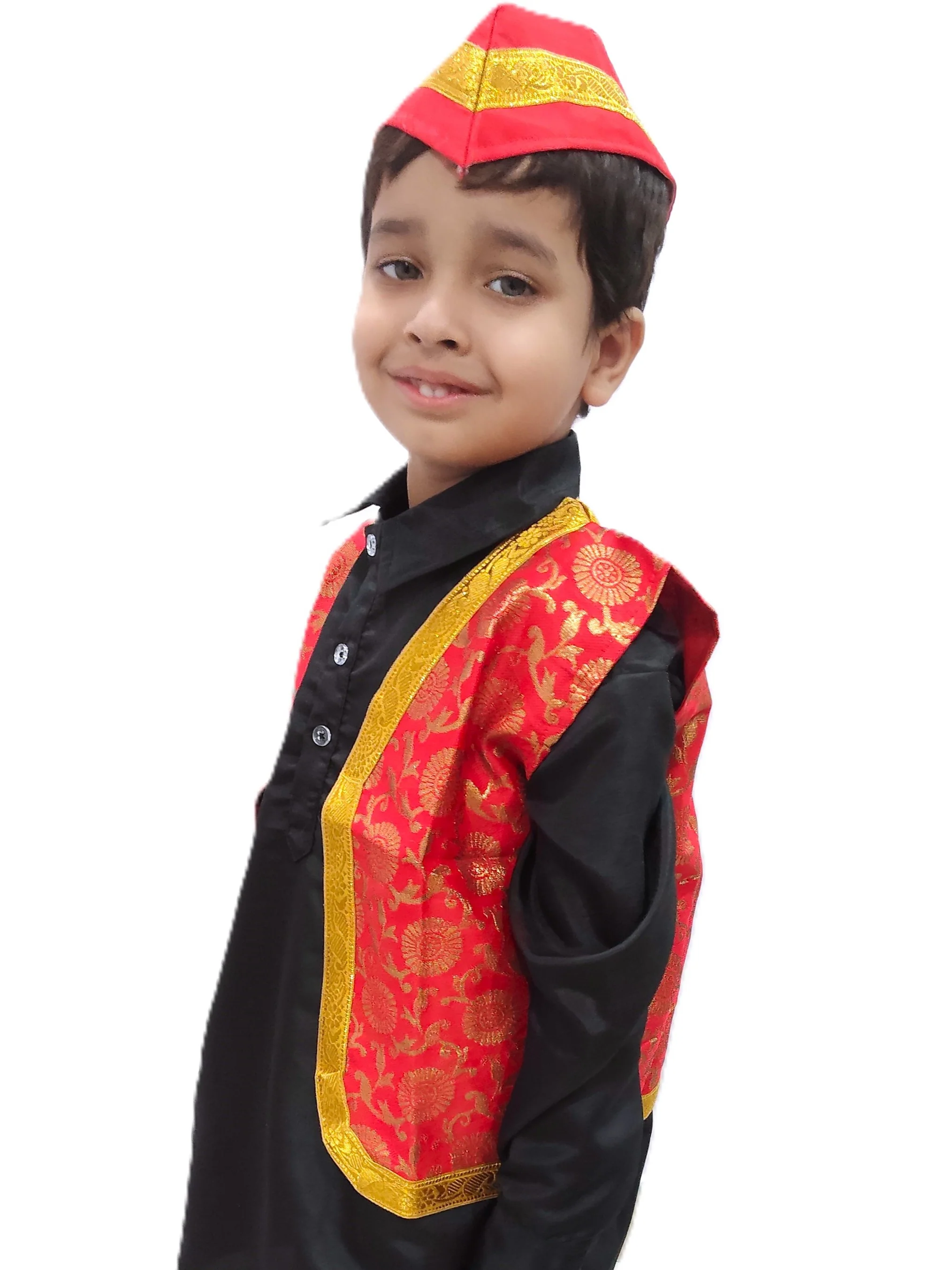 Red Qawwali Jacket & Cap Combo for Kids | Red Embroidered Ethnic Fancy Dress Costume | Sufi Singer Kurta Style Waistcoat & Head Cap for Theme Parties & Stage Shows - Image 4