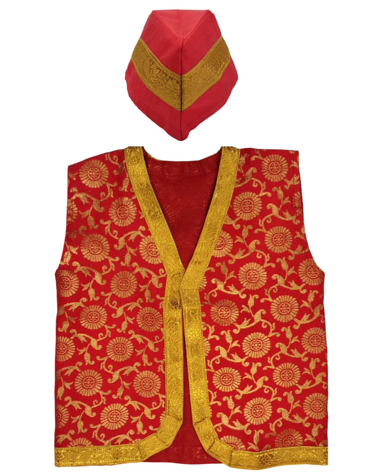 Red Qawwali Jacket & Cap Combo for Kids | Red Embroidered Ethnic Fancy Dress Costume | Sufi Singer Kurta Style Waistcoat & Head Cap for Theme Parties & Stage Shows - Image 7