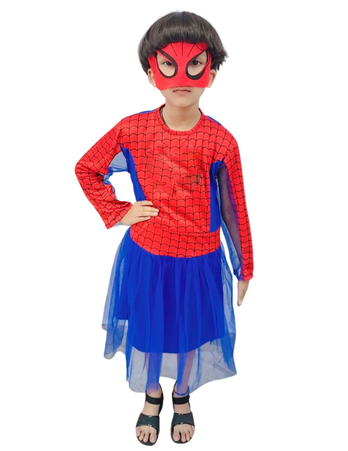 Spidre Web Hero Girl Costume Set – Red & Blue Frock with Net Sleeves | Superhero kids Fancy Dress Outfit For Girls