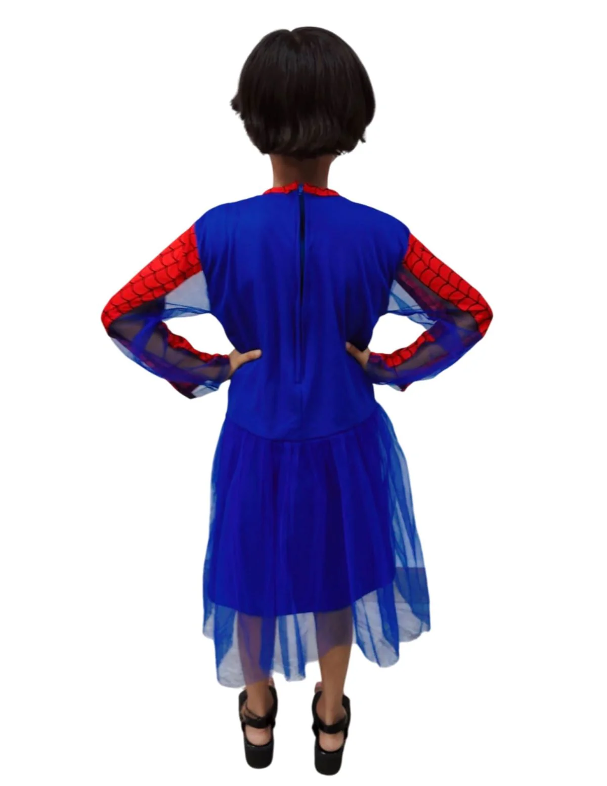 Spidre Web Hero Girl Costume Set – Red & Blue Frock with Net Sleeves | Superhero kids Fancy Dress Outfit For Girls - Image 3