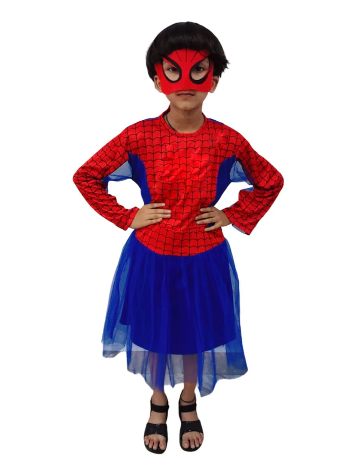 Spidre Web Hero Girl Costume Set – Red & Blue Frock with Net Sleeves | Superhero kids Fancy Dress Outfit For Girls - Image 5