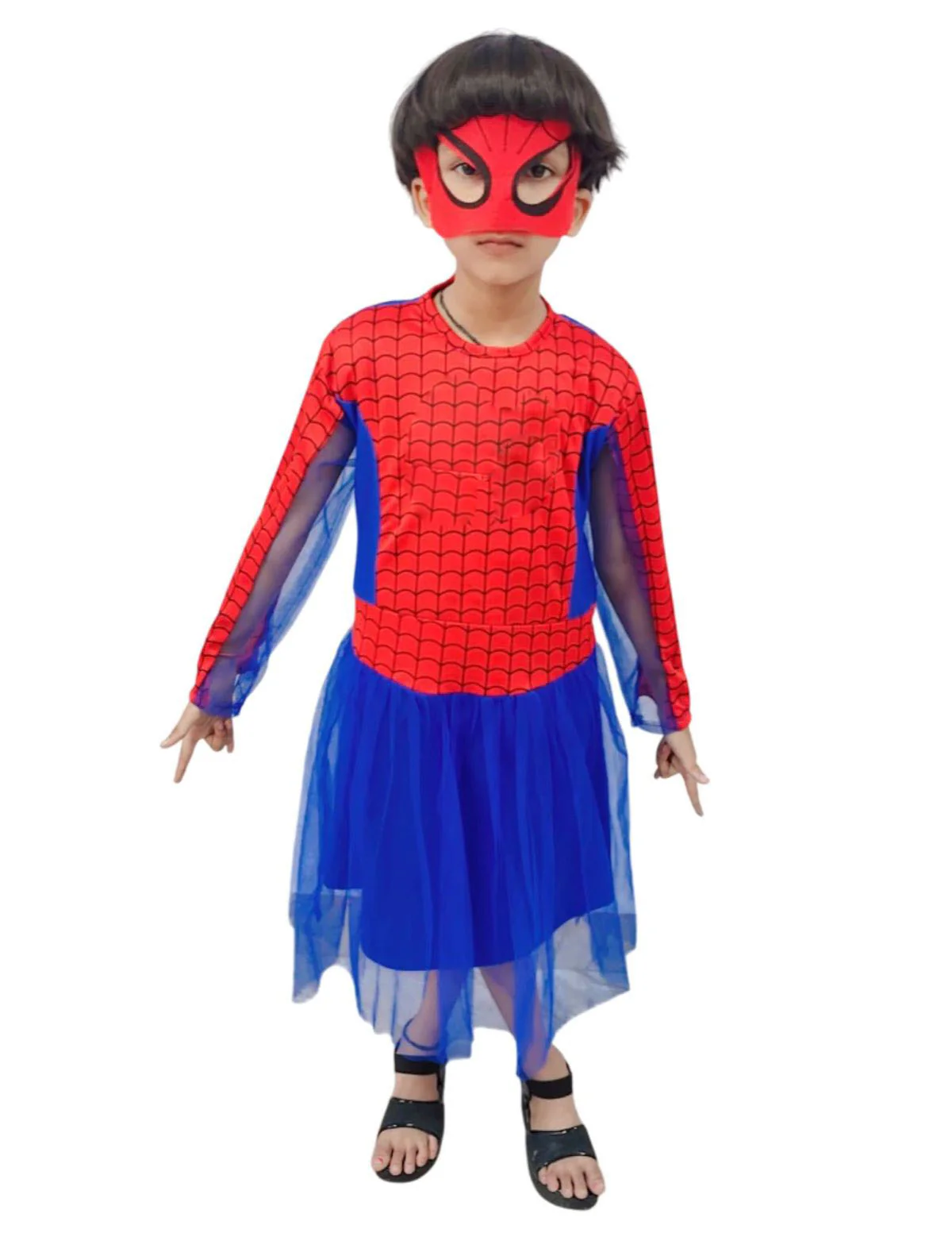 Spidre Web Hero Girl Costume Set – Red & Blue Frock with Net Sleeves | Superhero kids Fancy Dress Outfit For Girls - Image 6
