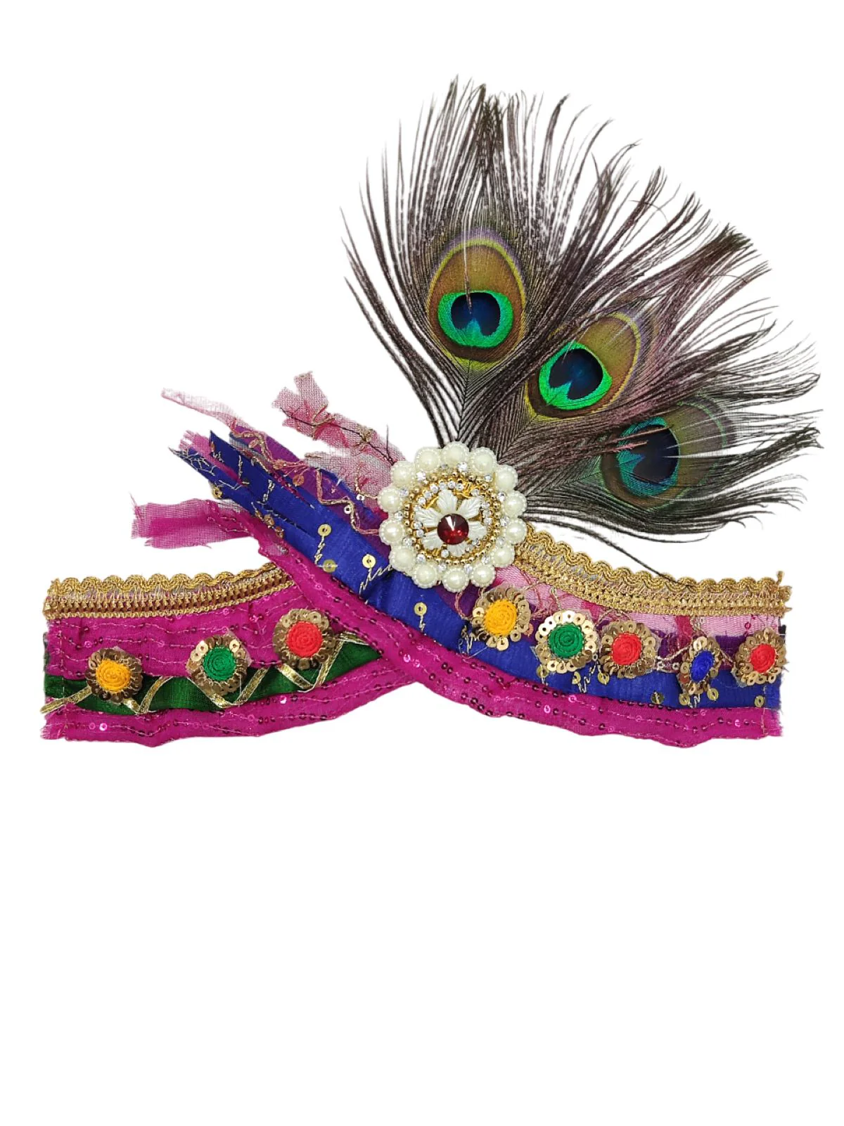 Traditional Krishna Pagdi for Kids & Adults – Handmade Crown with Peacock Feather & Embellishments | Krishna Mukut for Baby Boy | Adjustable Velcro | Janmashtami Fancy Dress Accessory