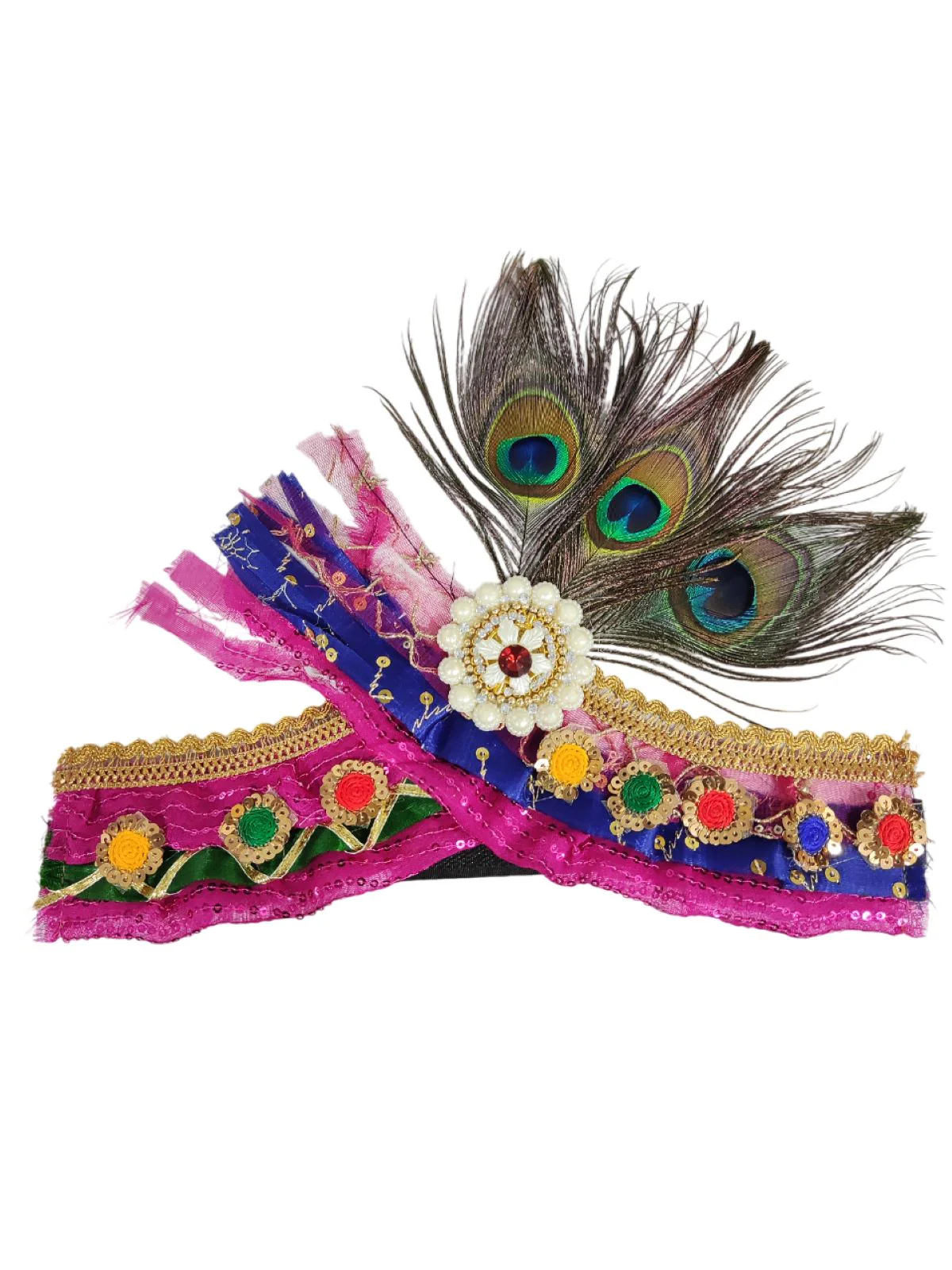 Traditional Krishna Pagdi for Kids & Adults – Handmade Crown with Peacock Feather & Embellishments | Krishna Mukut for Baby Boy | Adjustable Velcro | Janmashtami Fancy Dress Accessory - Image 4