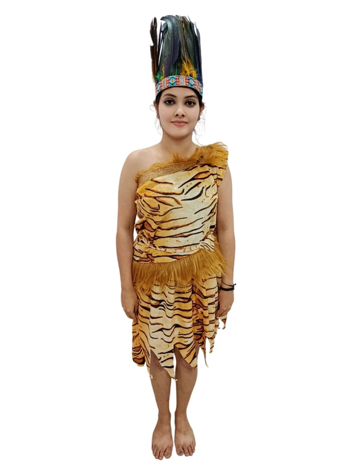 Unisex Adivasi Tribal Dance Costume – Tiger Print Fur Material | One-Shoulder Outfit with Armlets & Multicolor Feather Headdress