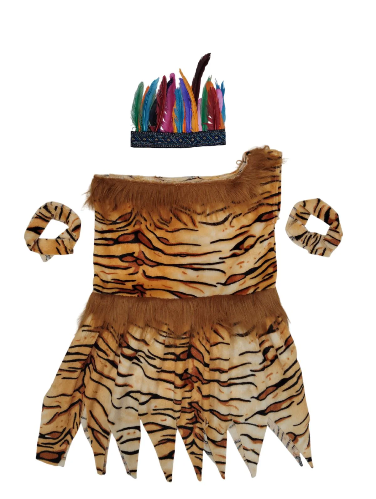 Unisex Adivasi Tribal Dance Costume – Tiger Print Fur Material | One-Shoulder Outfit with Armlets & Multicolor Feather Headdress - Image 10