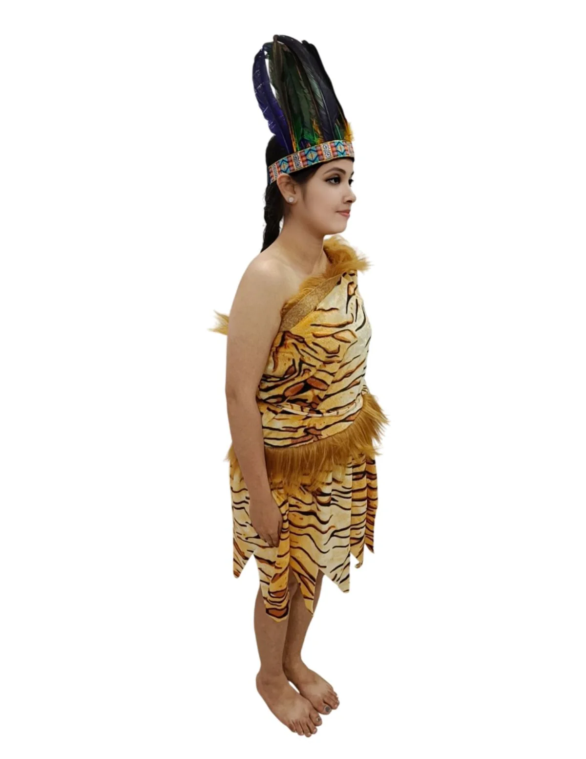 Unisex Adivasi Tribal Dance Costume – Tiger Print Fur Material | One-Shoulder Outfit with Armlets & Multicolor Feather Headdress - Image 2