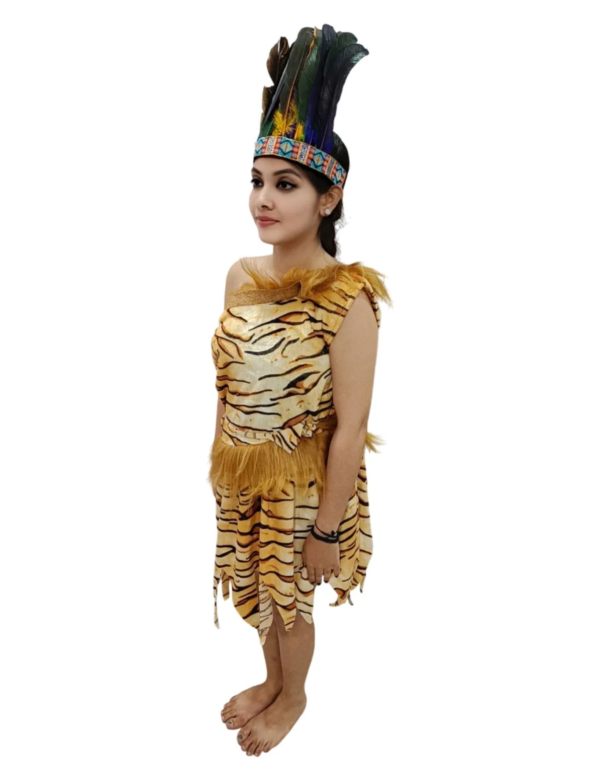 Unisex Adivasi Tribal Dance Costume – Tiger Print Fur Material | One-Shoulder Outfit with Armlets & Multicolor Feather Headdress - Image 3
