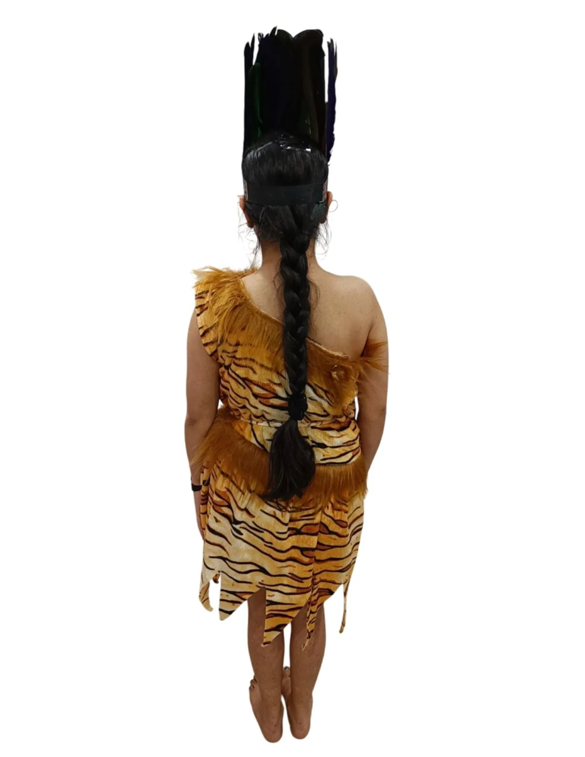 Unisex Adivasi Tribal Dance Costume – Tiger Print Fur Material | One-Shoulder Outfit with Armlets & Multicolor Feather Headdress - Image 4