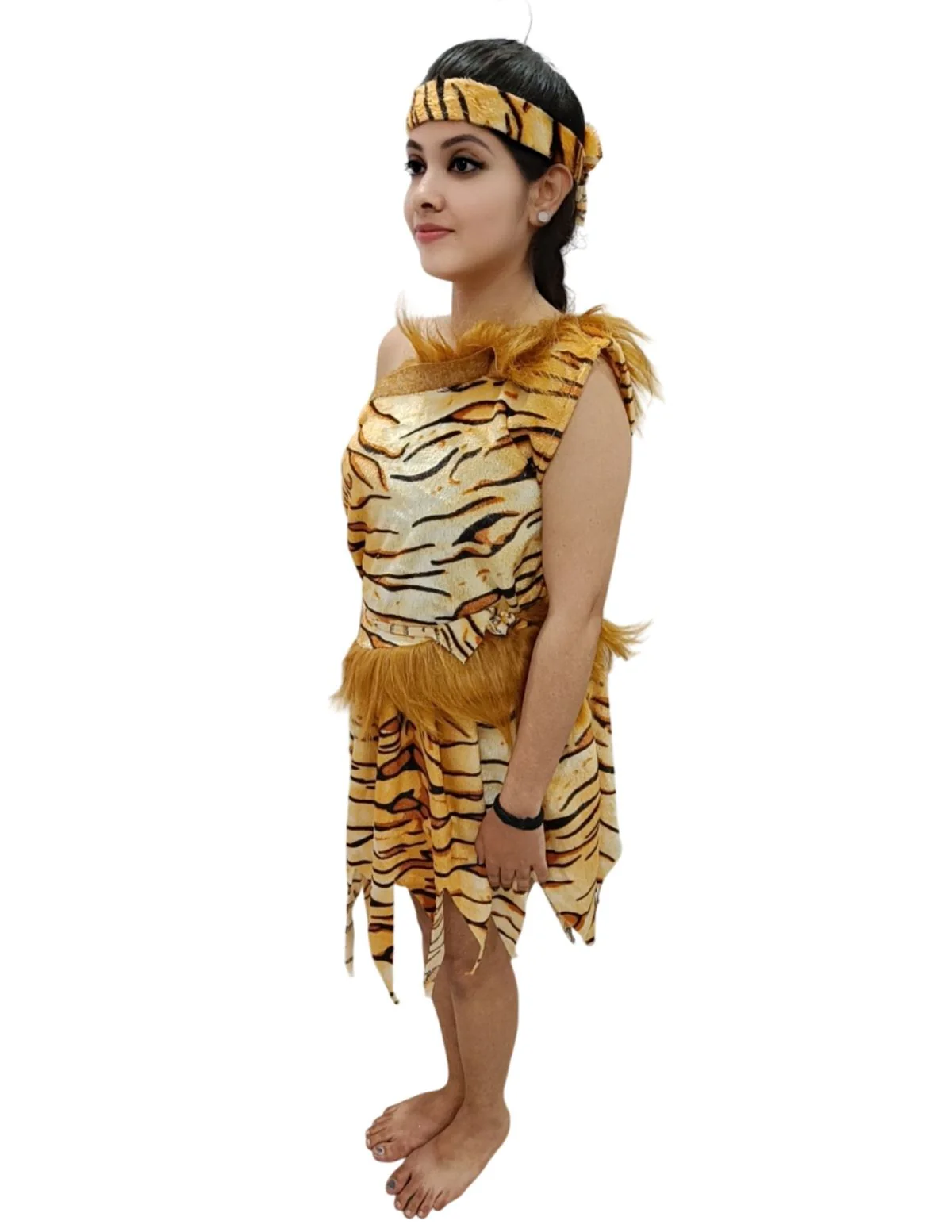 Unisex Adivasi Tribal Dance Costume – Tiger Print Fur Material | One-Shoulder Outfit with Armlets & Multicolor Feather Headdress - Image 5