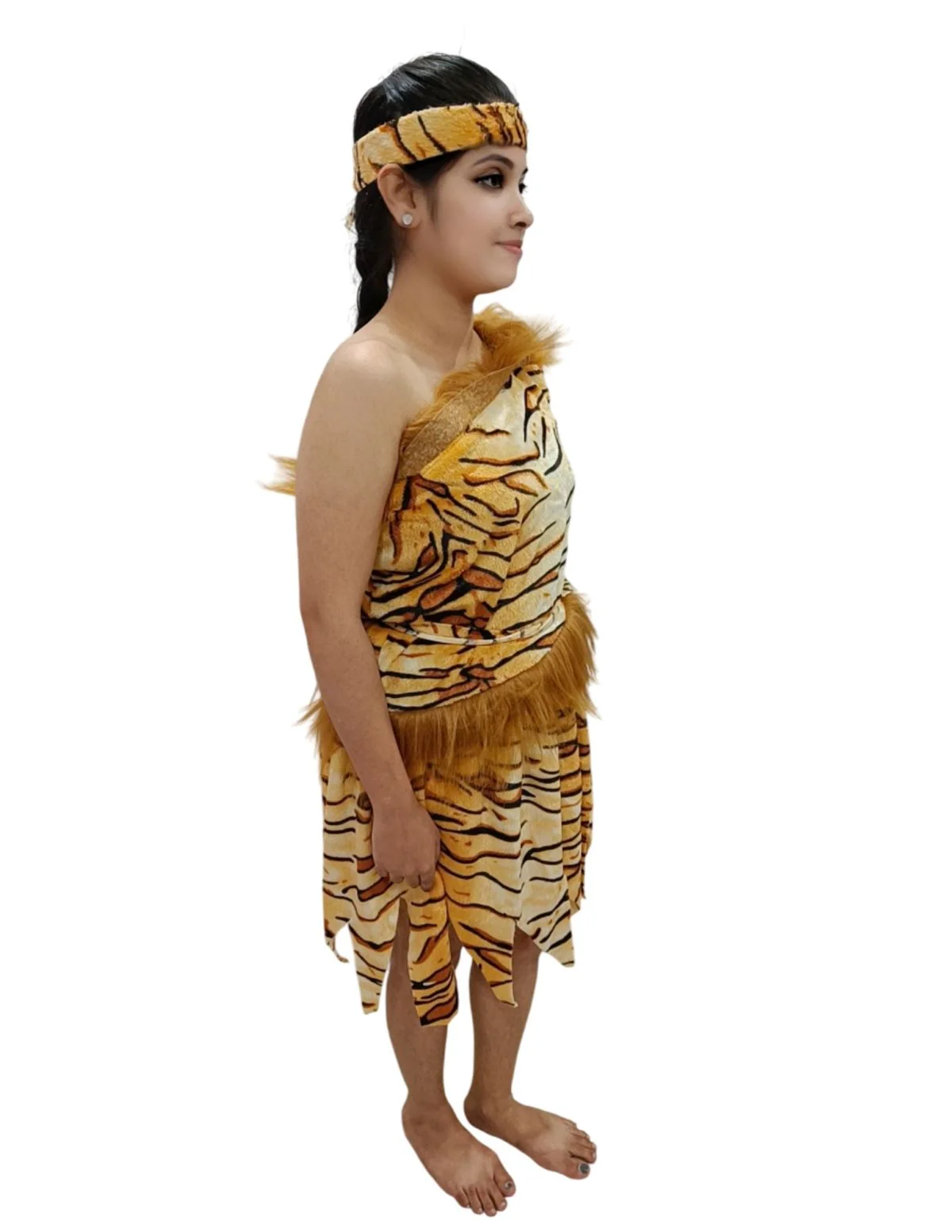 Unisex Adivasi Tribal Dance Costume – Tiger Print Fur Material | One-Shoulder Outfit with Armlets & Multicolor Feather Headdress - Image 6