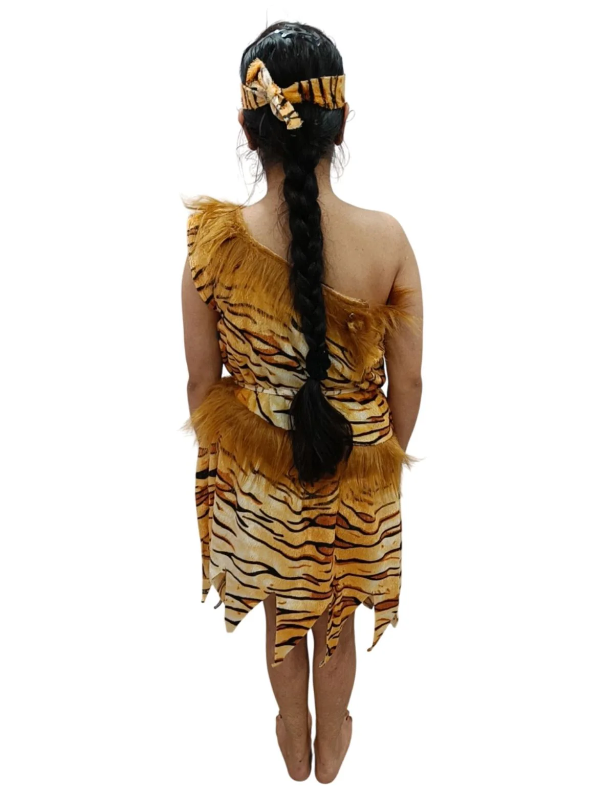 Unisex Adivasi Tribal Dance Costume – Tiger Print Fur Material | One-Shoulder Outfit with Armlets & Multicolor Feather Headdress - Image 7