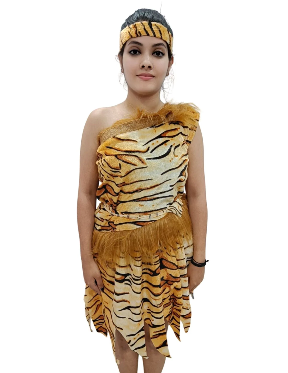Unisex Adivasi Tribal Dance Costume – Tiger Print Fur Material | One-Shoulder Outfit with Armlets & Multicolor Feather Headdress - Image 8