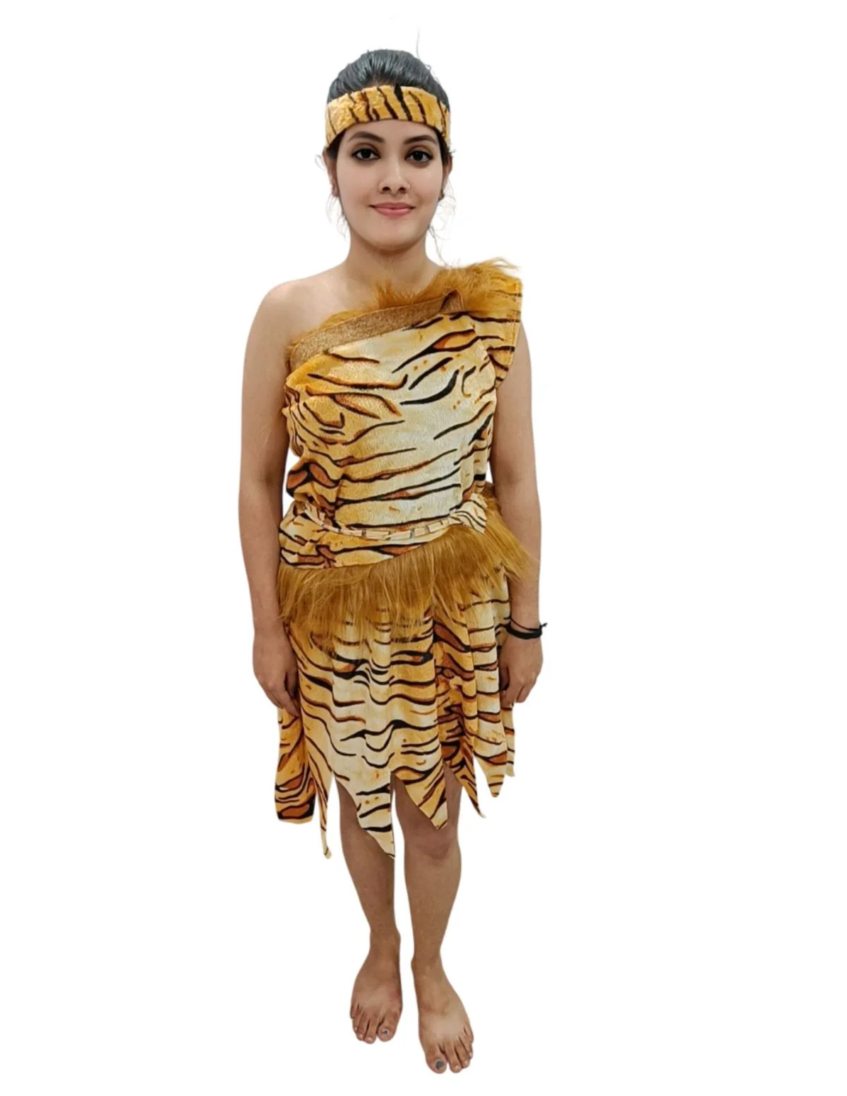 Unisex Adivasi Tribal Dance Costume – Tiger Print Fur Material | One-Shoulder Outfit with Armlets & Multicolor Feather Headdress - Image 9