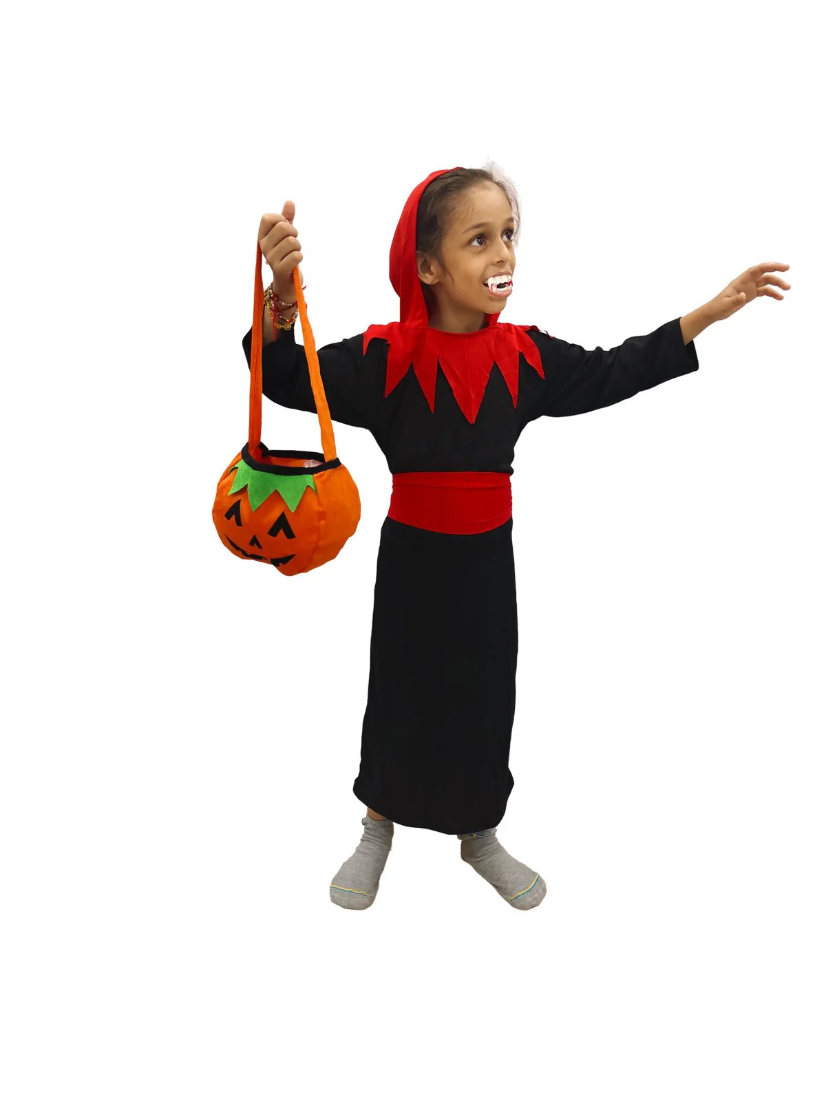 Vampire Costume for Boys Red and Black Dracula Halloween Costume for Boys with Attached Hoodie with Vampire Teeth and Pumpkin Basket Combo