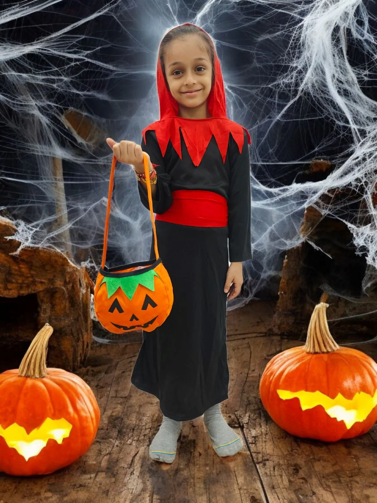 Vampire Costume for Boys Red and Black Dracula Halloween Costume for Boys with Attached Hoodie with Vampire Teeth and Pumpkin Basket Combo - Image 2