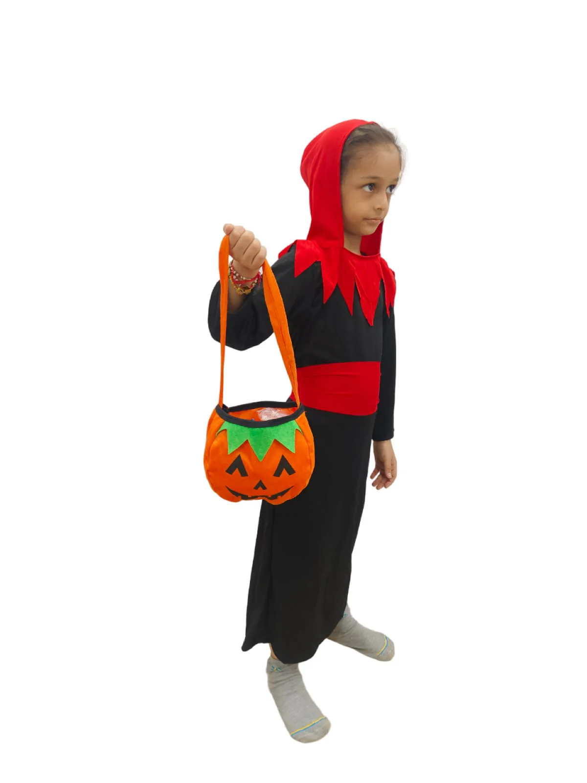 Vampire Costume for Boys Red and Black Dracula Halloween Costume for Boys with Attached Hoodie with Vampire Teeth and Pumpkin Basket Combo - Image 3