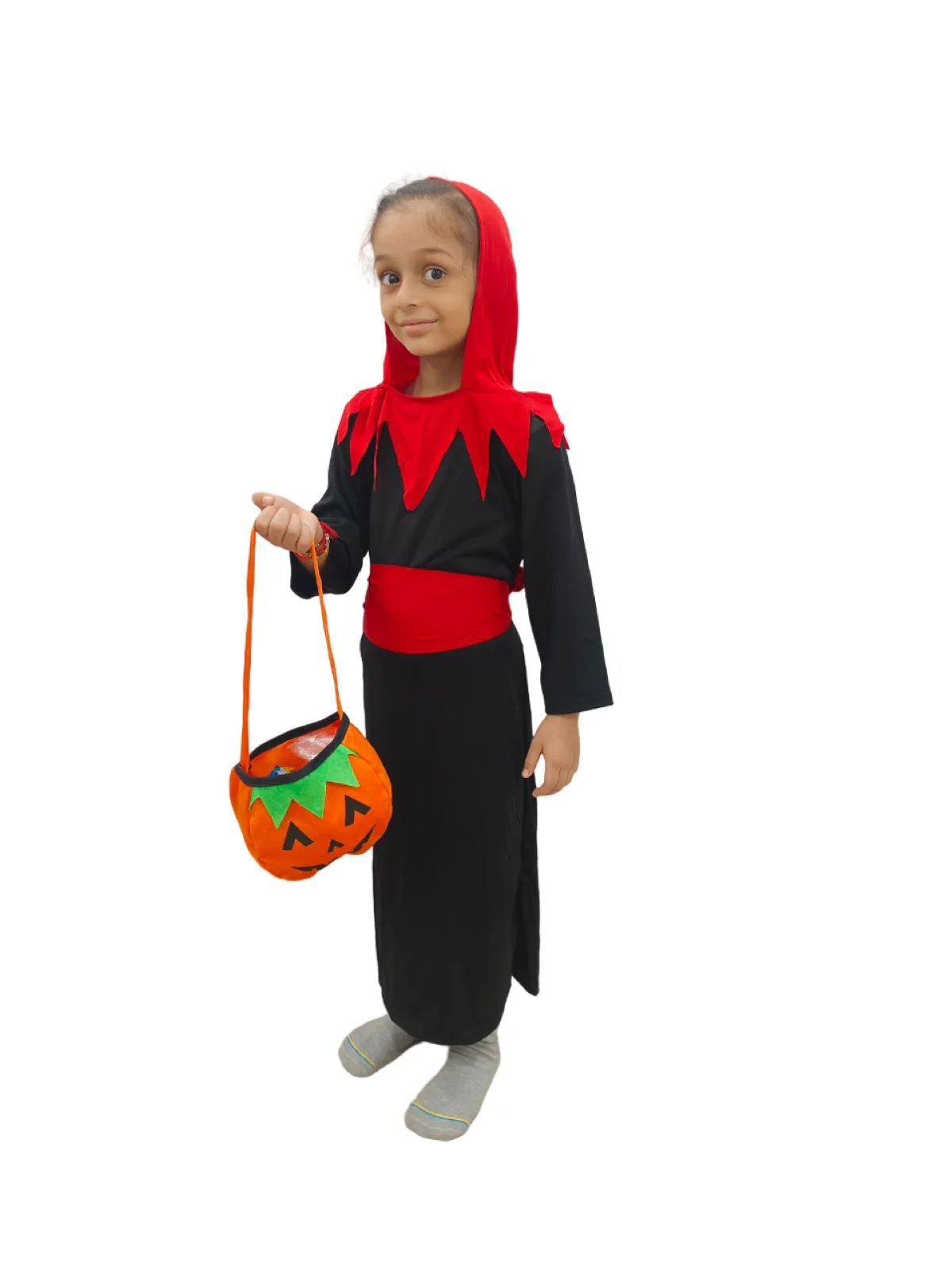 Vampire Costume for Boys Red and Black Dracula Halloween Costume for Boys with Attached Hoodie with Vampire Teeth and Pumpkin Basket Combo - Image 5