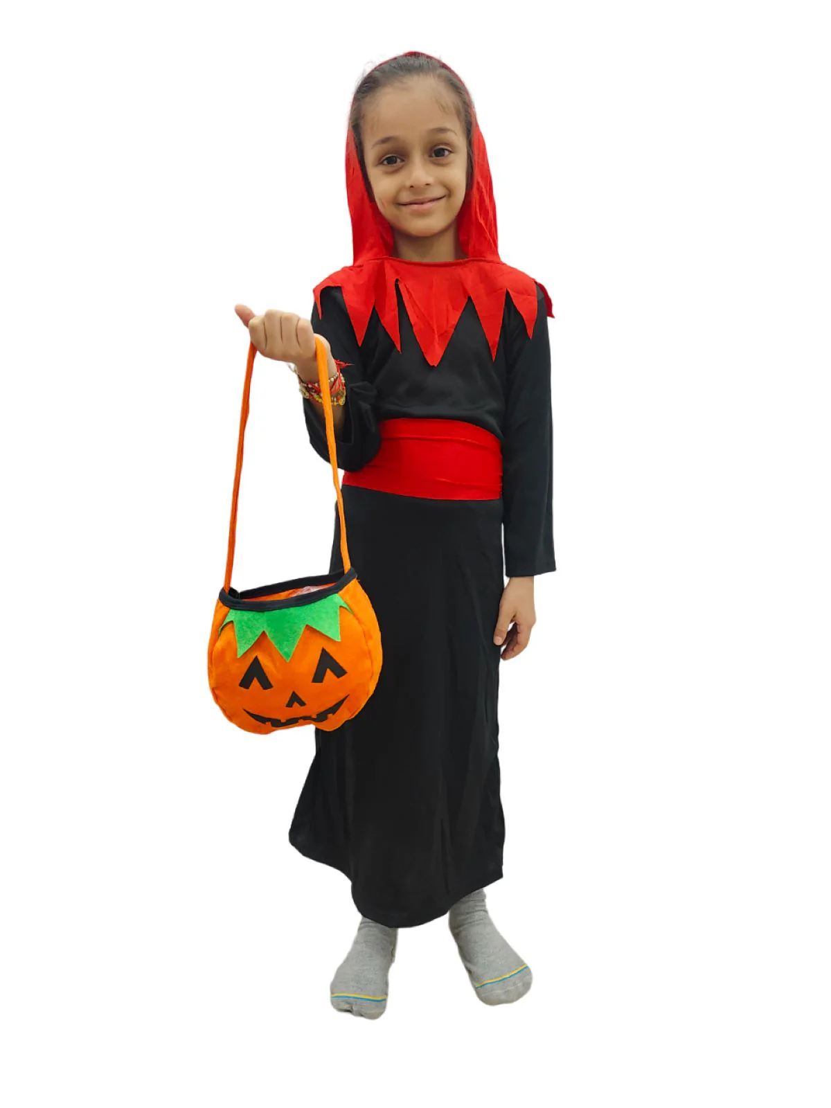 Vampire Costume for Boys Red and Black Dracula Halloween Costume for Boys with Attached Hoodie with Vampire Teeth and Pumpkin Basket Combo - Image 6