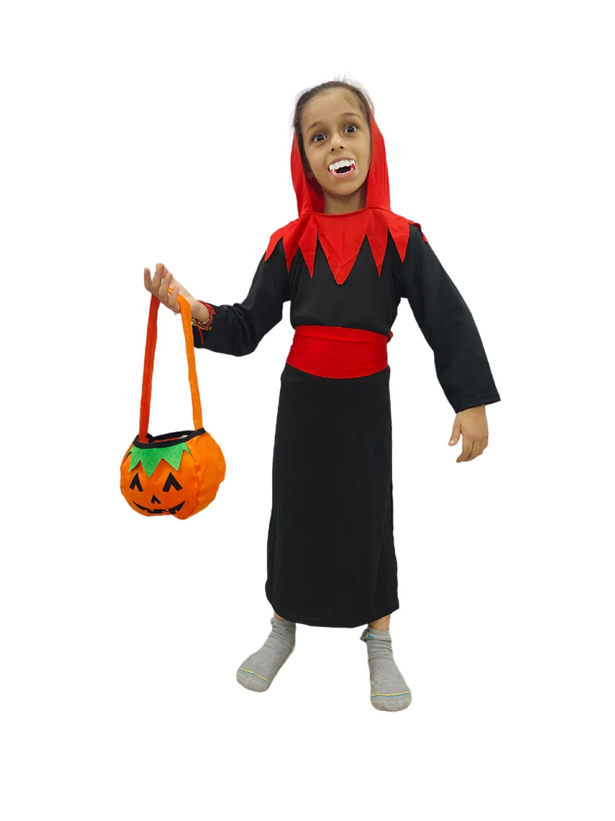 Vampire Costume for Boys Red and Black Dracula Halloween Costume for Boys with Attached Hoodie with Vampire Teeth and Pumpkin Basket Combo - Image 7