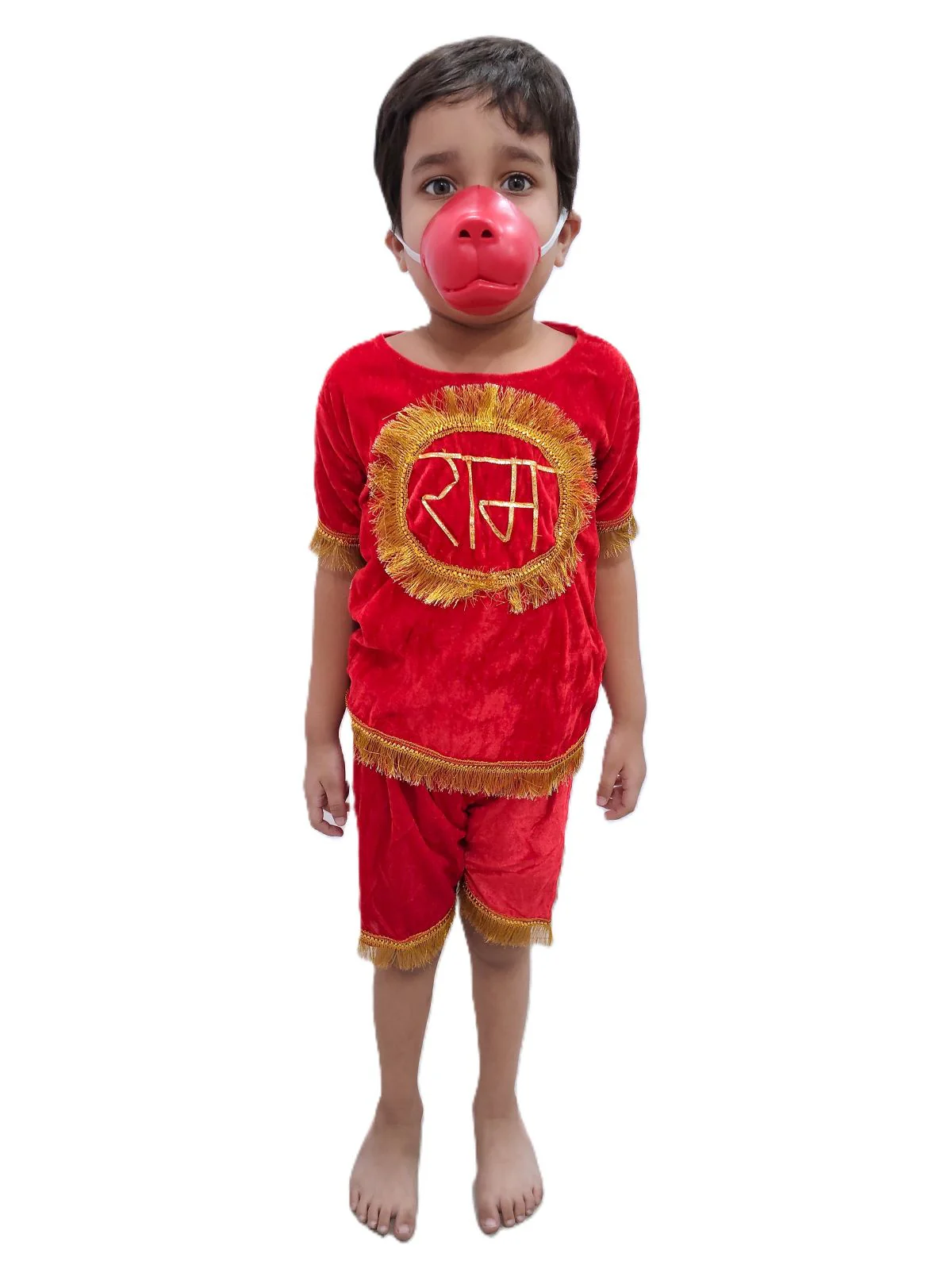 Vanar Sena Costume for Kids – Red Top & Shorts with Hanuman Face Mask & Tail | Hanuman Getup for Kids Fancy Dress Outfit for Annual Functions & Mythological Themes