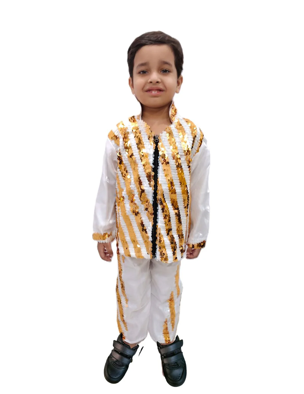 White & Golden Sequin Western Dance Costume for Boys | Stylish Shiny Full Sleeve Shirt and Pant Set with Zipper Closure | Dance Costume for Boys | Fancy Dress for Boys