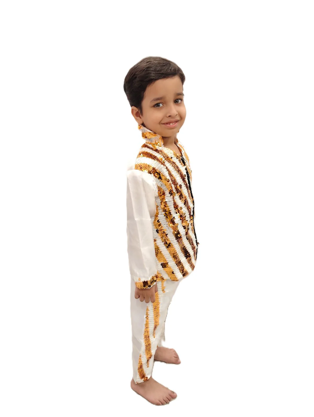 White & Golden Sequin Western Dance Costume for Boys | Stylish Shiny Full Sleeve Shirt and Pant Set with Zipper Closure | Dance Costume for Boys | Fancy Dress for Boys - Image 2