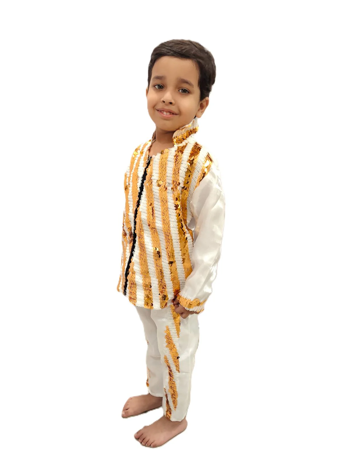 White & Golden Sequin Western Dance Costume for Boys | Stylish Shiny Full Sleeve Shirt and Pant Set with Zipper Closure | Dance Costume for Boys | Fancy Dress for Boys - Image 4