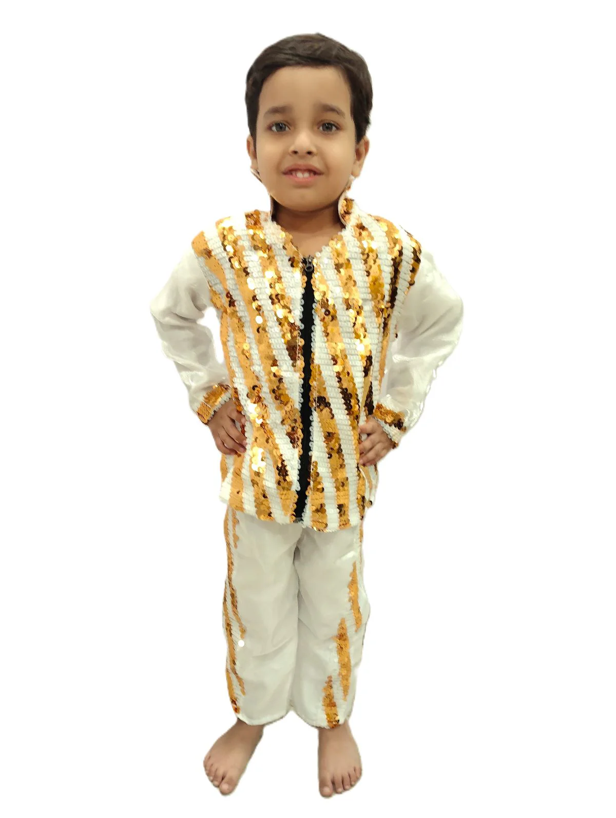 White & Golden Sequin Western Dance Costume for Boys | Stylish Shiny Full Sleeve Shirt and Pant Set with Zipper Closure | Dance Costume for Boys | Fancy Dress for Boys - Image 5