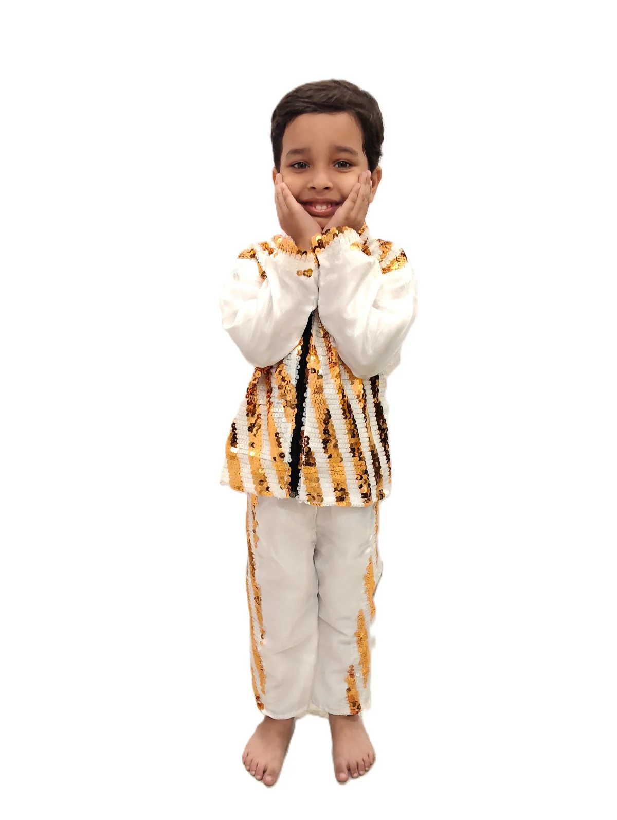 White & Golden Sequin Western Dance Costume for Boys | Stylish Shiny Full Sleeve Shirt and Pant Set with Zipper Closure | Dance Costume for Boys | Fancy Dress for Boys - Image 6