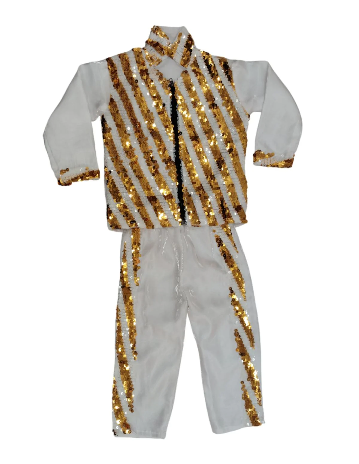 White & Golden Sequin Western Dance Costume for Boys | Stylish Shiny Full Sleeve Shirt and Pant Set with Zipper Closure | Dance Costume for Boys | Fancy Dress for Boys - Image 7
