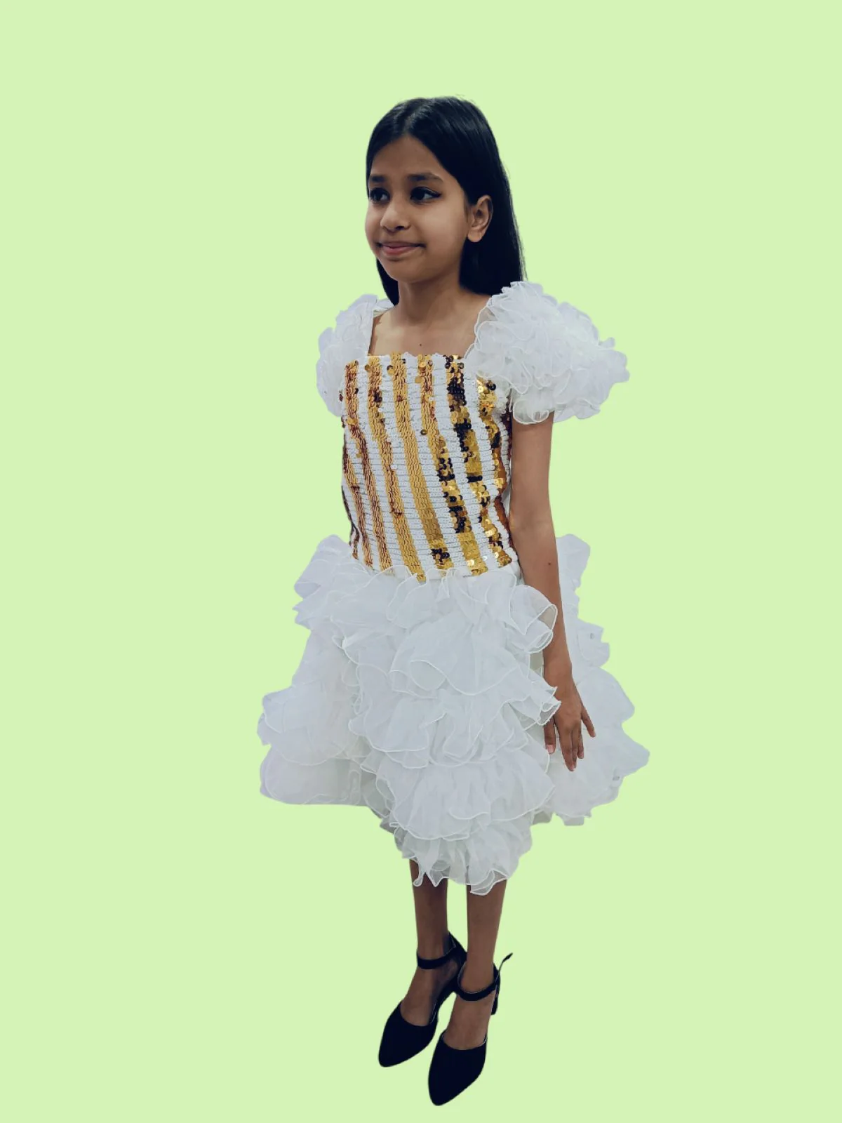 White & Golden Sequin Western Dance Costume for Girls | Stylish Top with Frill Sleeves & White Fluffy Skirt | Party Wear & Western Dance Costume for Kids - Image 2