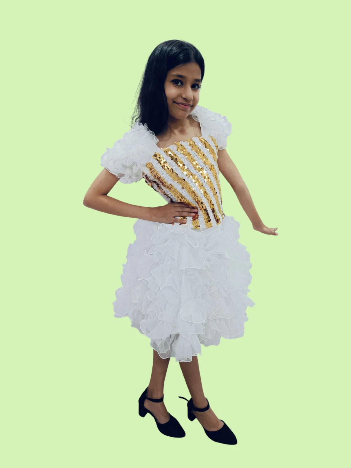 White & Golden Sequin Western Dance Costume for Girls | Stylish Top with Frill Sleeves & White Fluffy Skirt | Party Wear & Western Dance Costume for Kids - Image 3